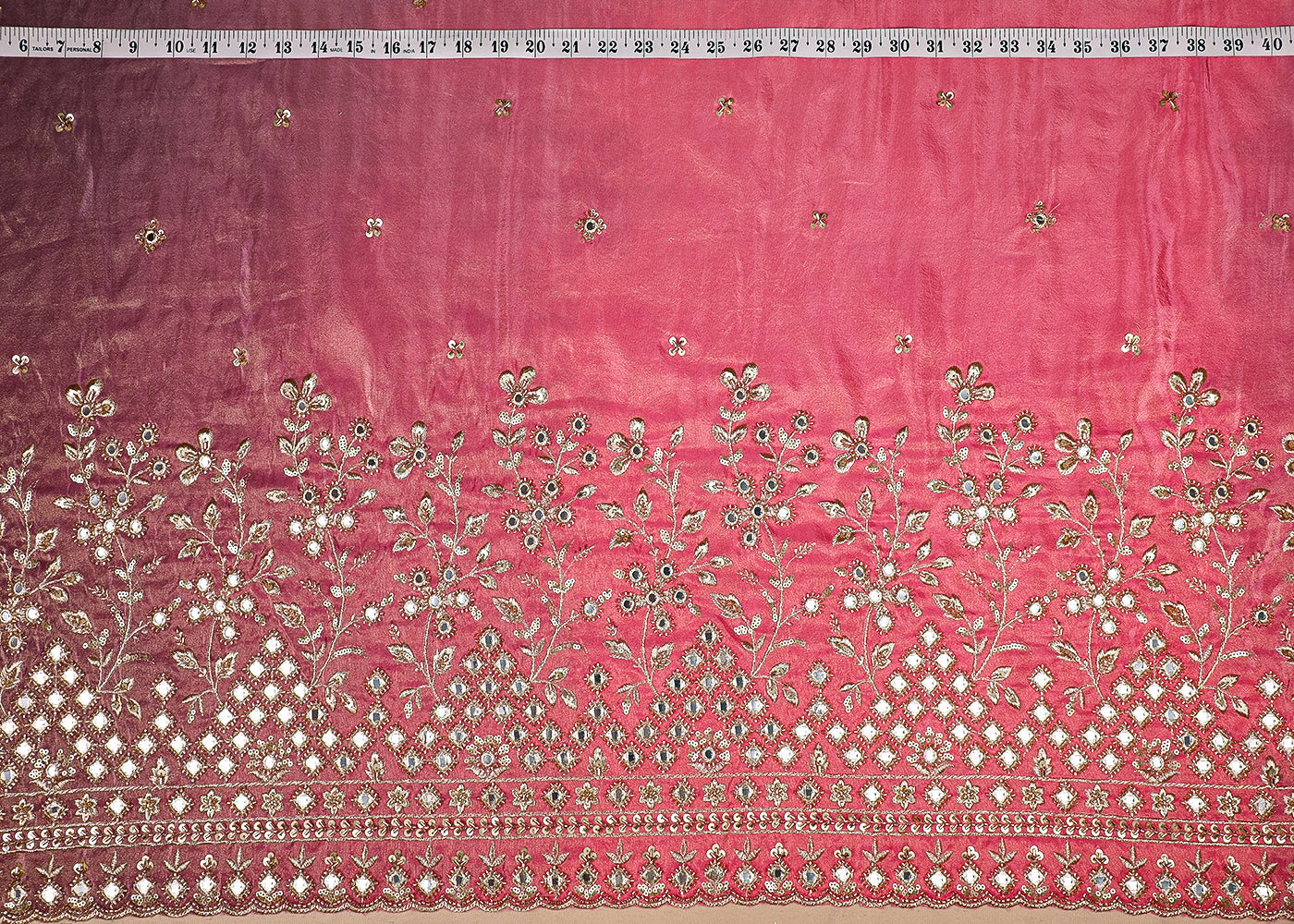 Lavender And Pink Tissue Ombre Fabric With All Over Faux Mirror, Bead, Sequins, Katdana Buti And One Side Heavy Border 19538