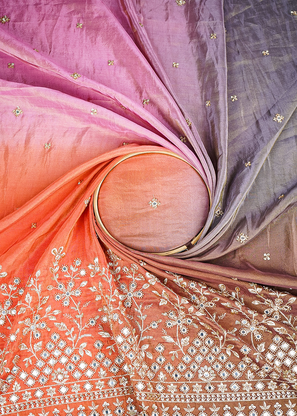 Orange And Pink Tissue Ombre Fabric With All Over Faux Mirror, Bead, Sequins, Katdana Buti And One Side Heavy Border 19539