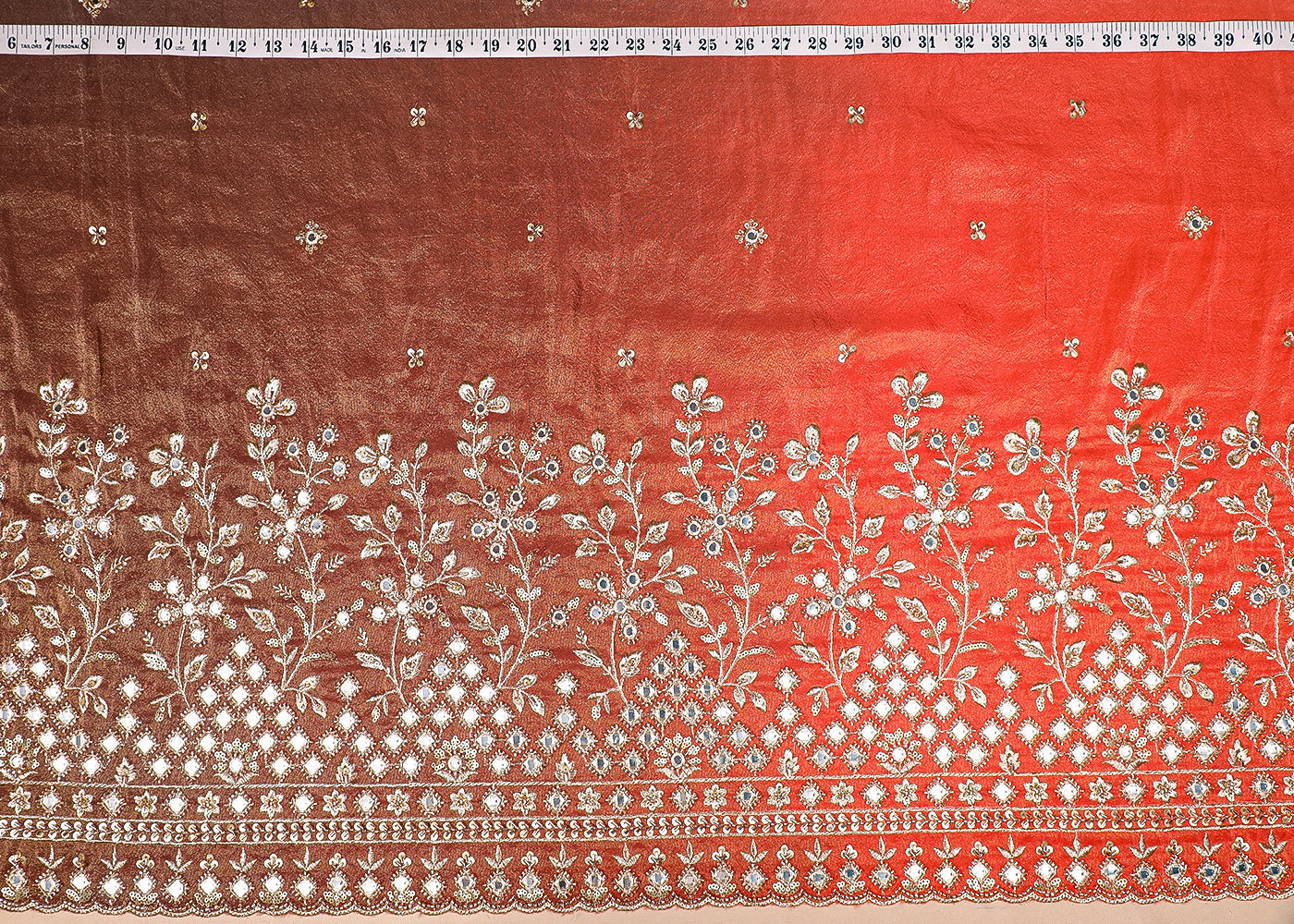 Orange And Pink Tissue Ombre Fabric With All Over Faux Mirror, Bead, Sequins, Katdana Buti And One Side Heavy Border 19539