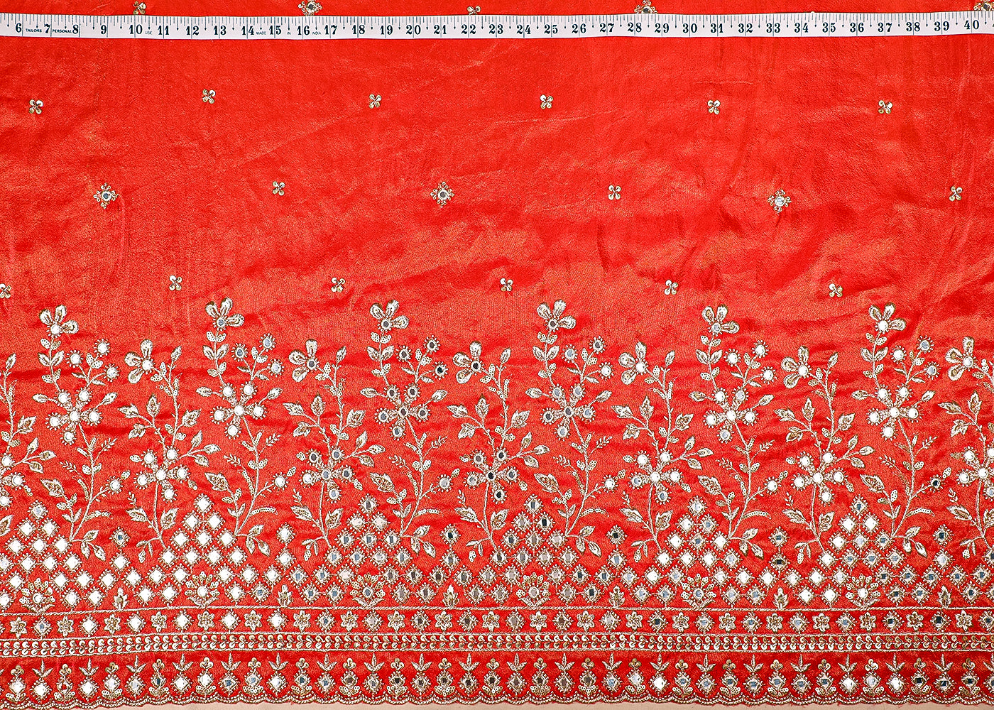 Red And Peach Tissue Ombre Fabric With All Over Faux Mirror, Bead, Sequins, Katdana Buti And One Side Heavy Border 19540