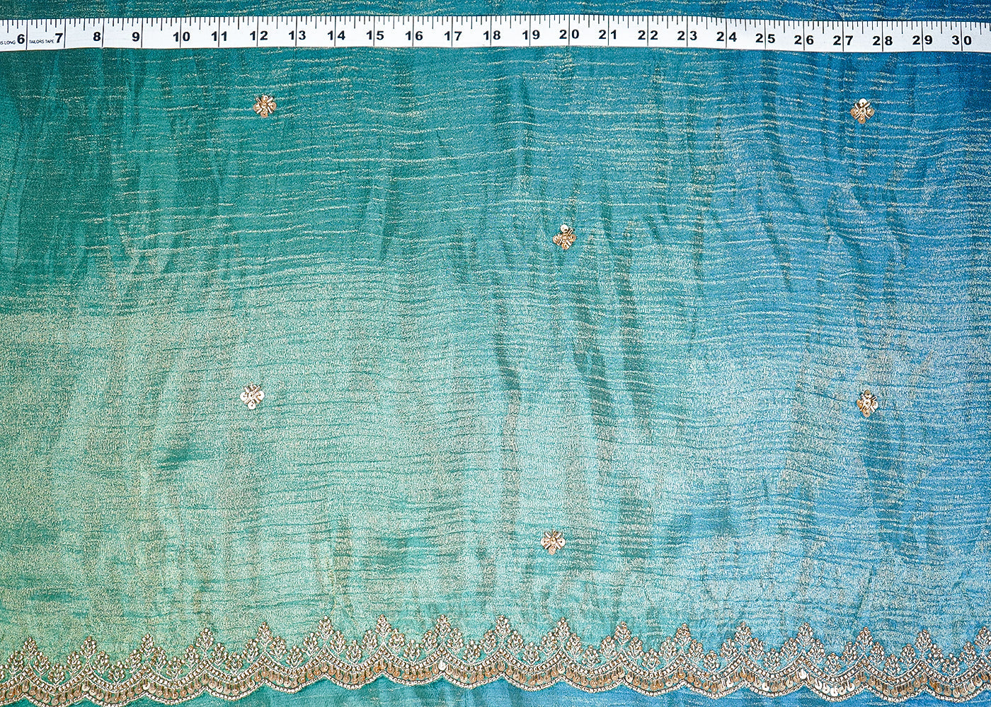 Blue And Green Tissue Ombre Fabric With All Over Sequins And Katdana Work With Two Side Border 19543