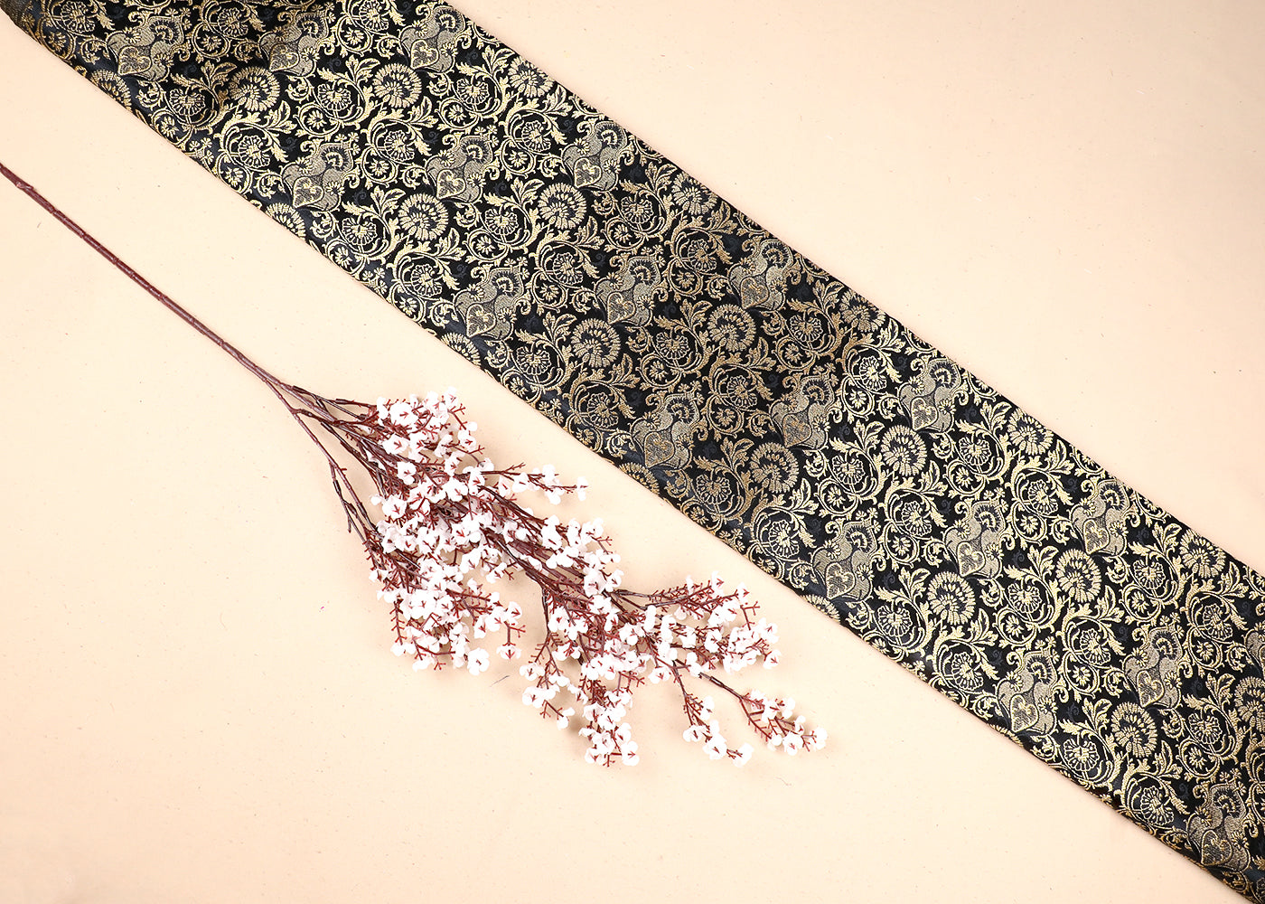 Black Banarasi Brocade Fabric With All Over Thread And Golden Zari Handloom 19547