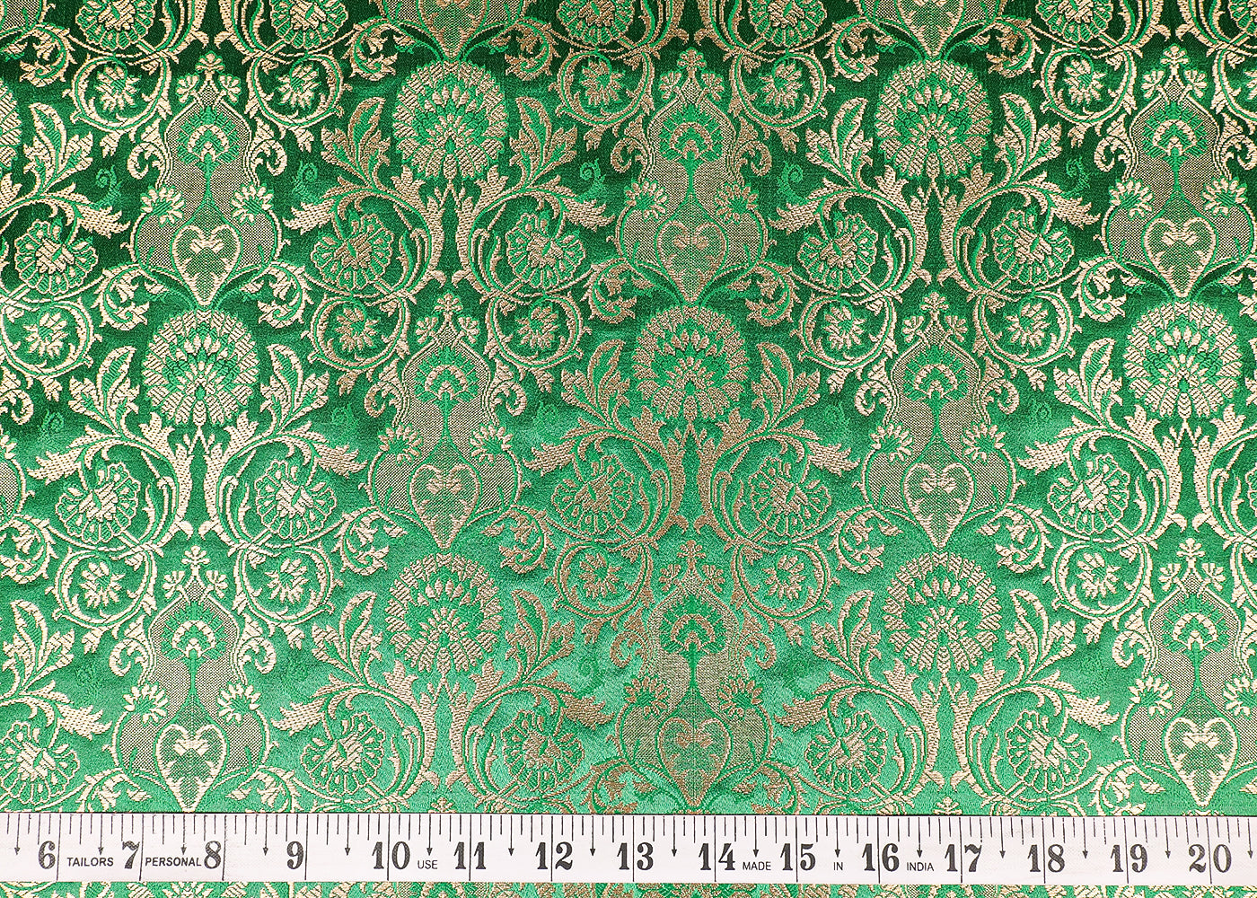Green Banarasi Brocade Fabric With All Over Thread And Golden Zari Handloom 19550