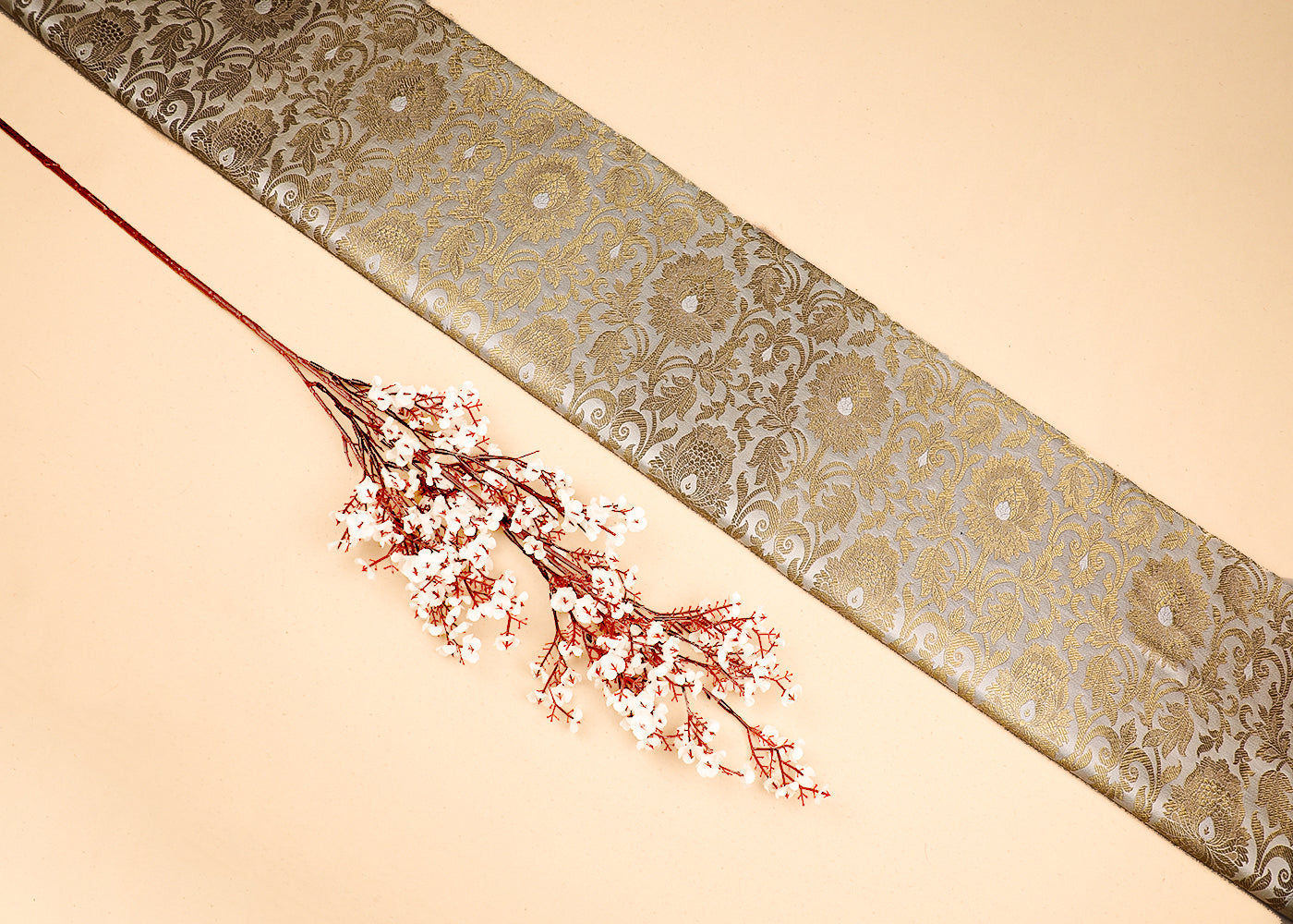 Cream Banarasi Brocade Fabric With All Over Golden Zari Handloom 19557