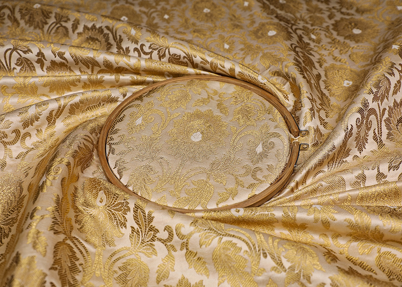 Cream Banarasi Brocade Fabric With All Over Golden Zari Handloom 19557