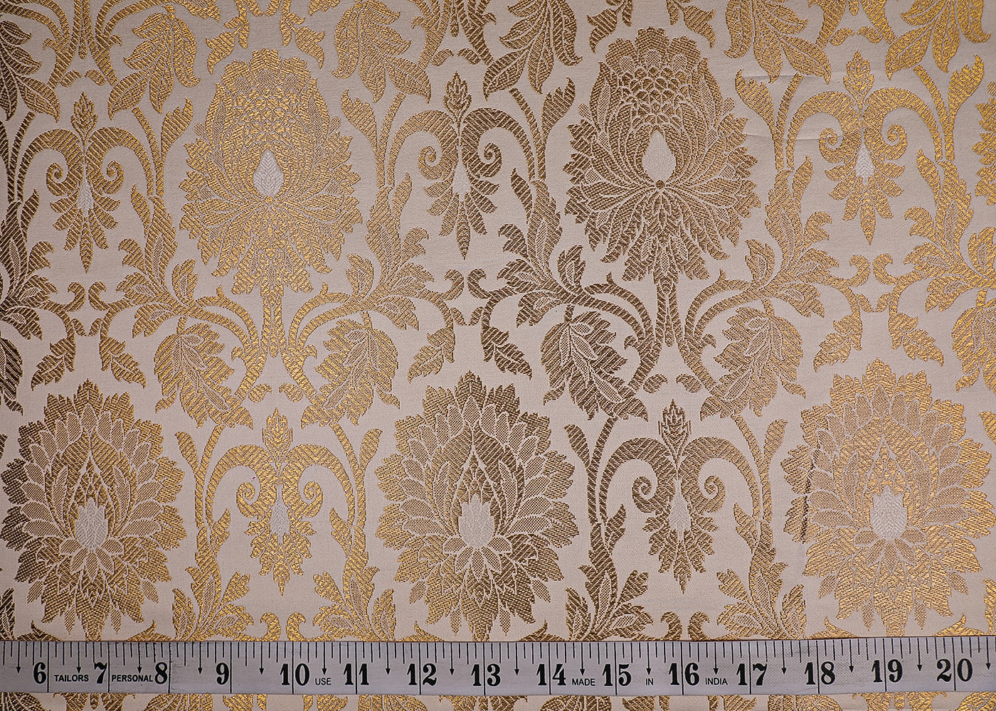 White Banarasi Brocade Fabric With All Over Golden Zari Handloom 19558