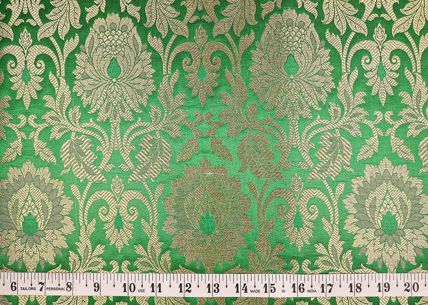 Green Banarasi Brocade Fabric With All Over Golden Zari Handloom 19559