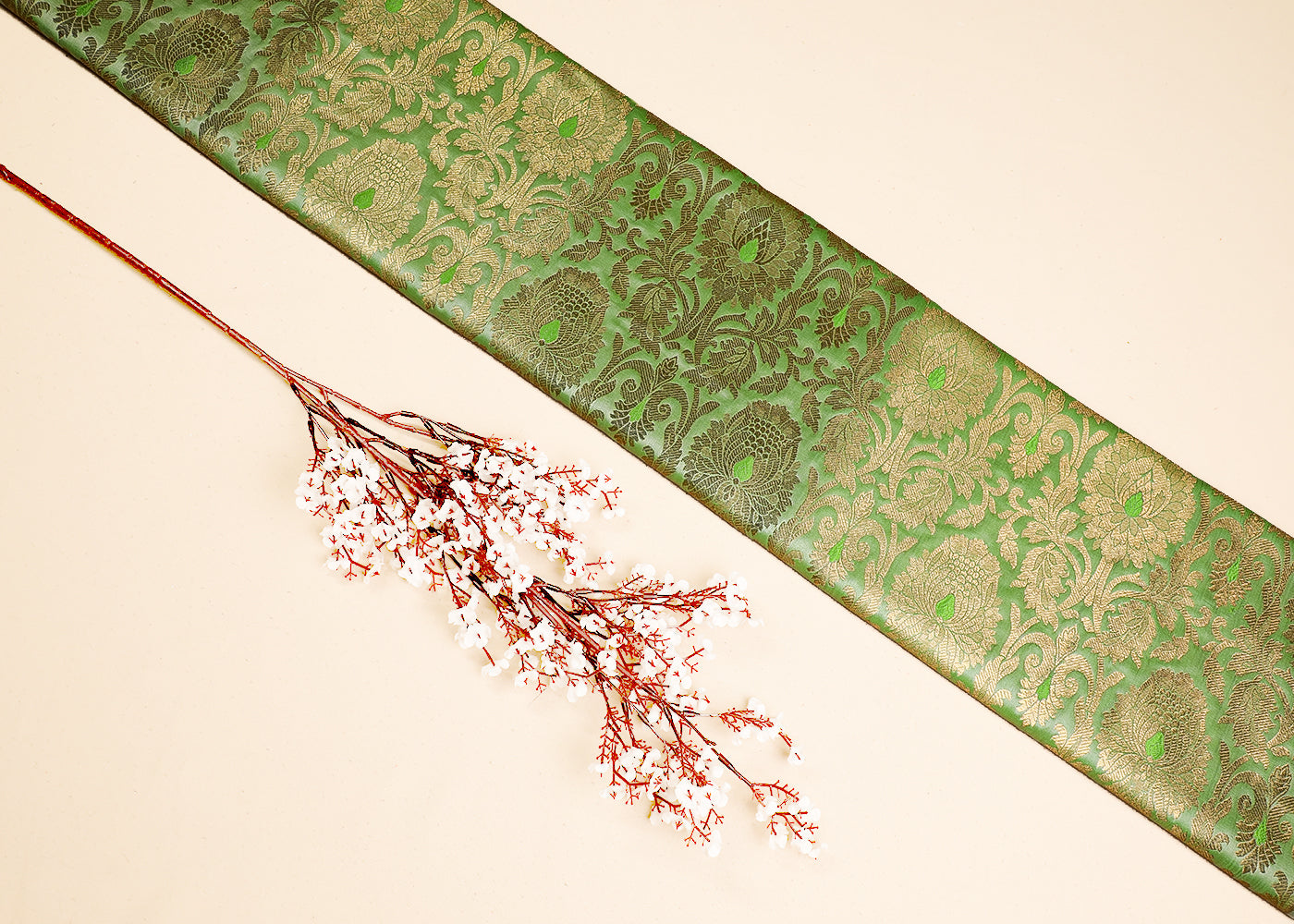 Pista Green Banarasi Brocade Fabric With All Over Golden Zari Handloom 19561