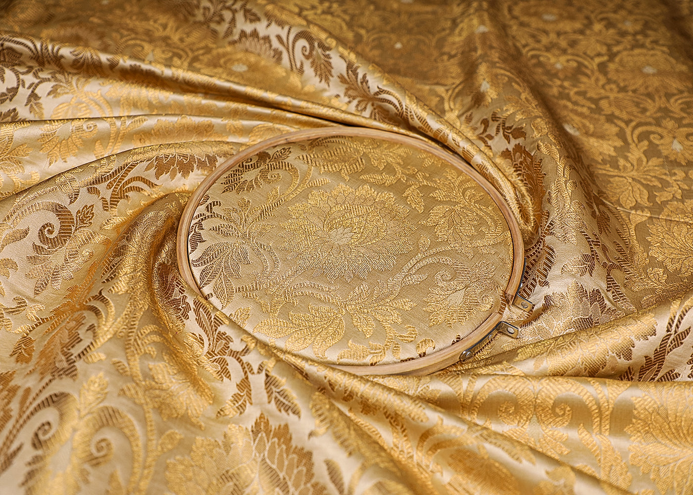 Gold Banarasi Brocade Fabric With All Over Golden Zari Handloom 19562