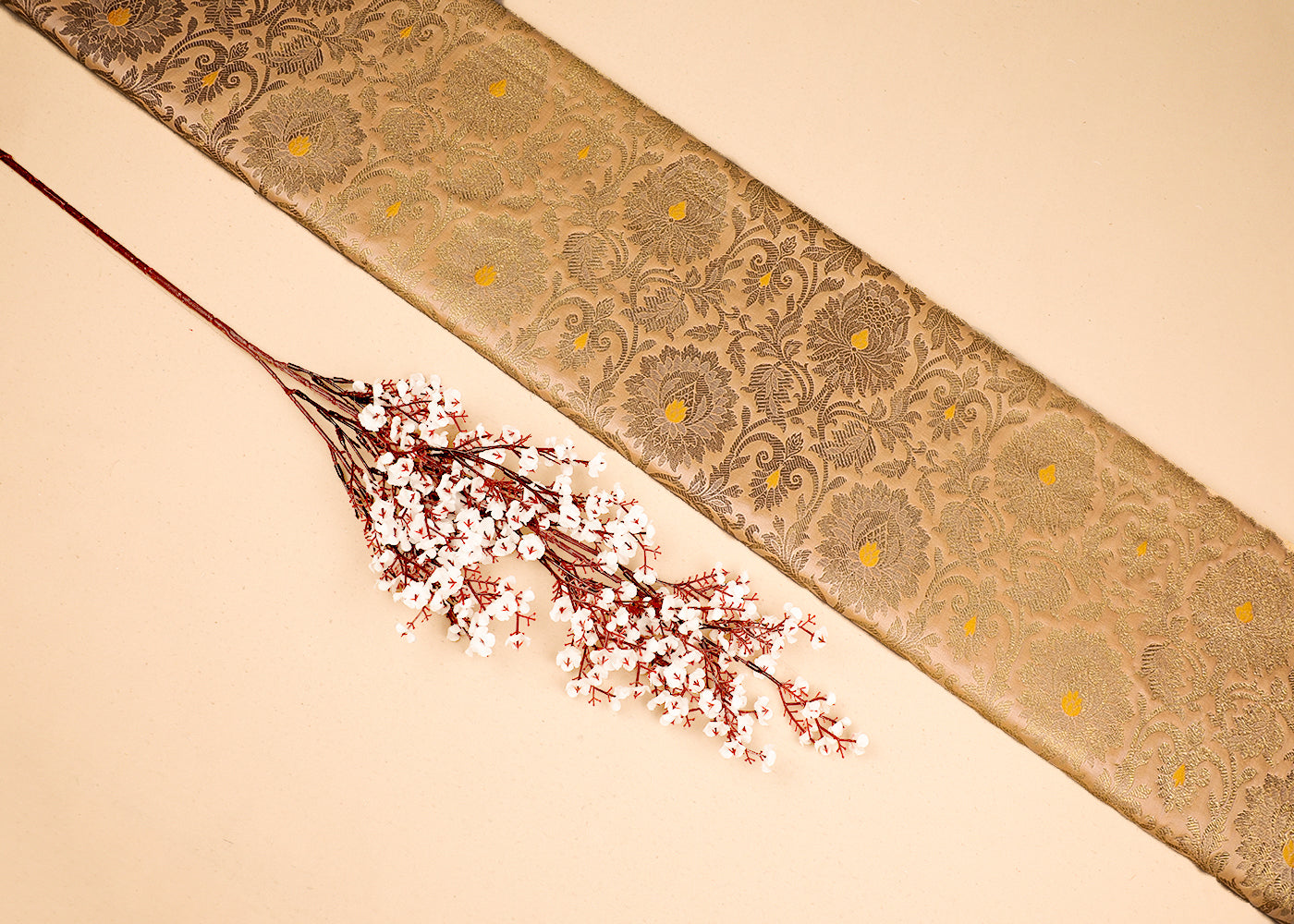 Peach Banarasi Brocade Fabric With All Over Golden Zari Handloom 19563