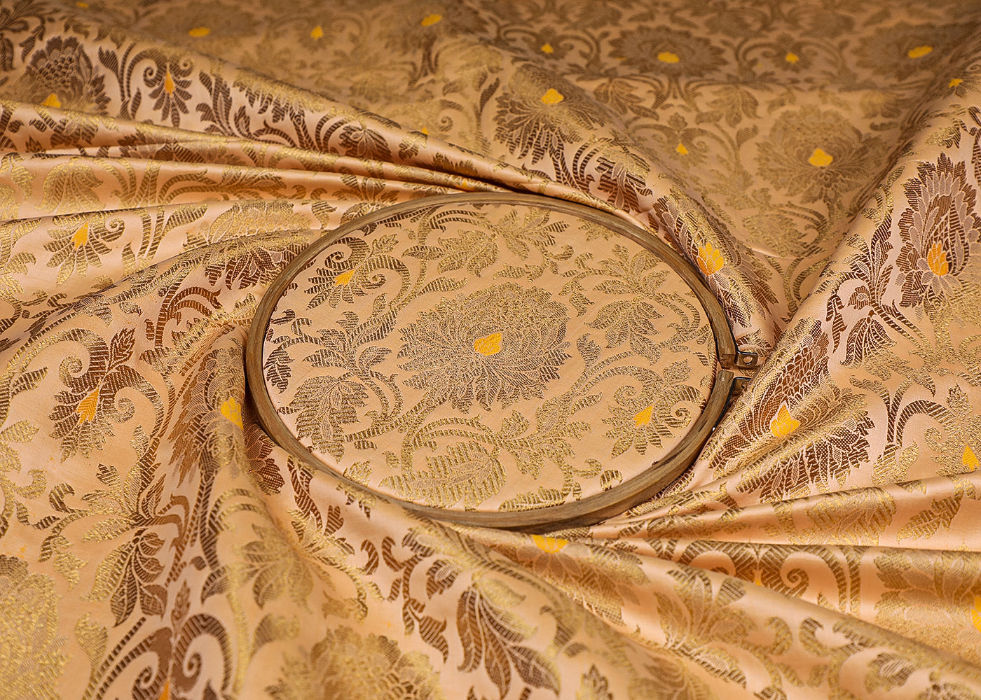Peach Banarasi Brocade Fabric With All Over Golden Zari Handloom 19563