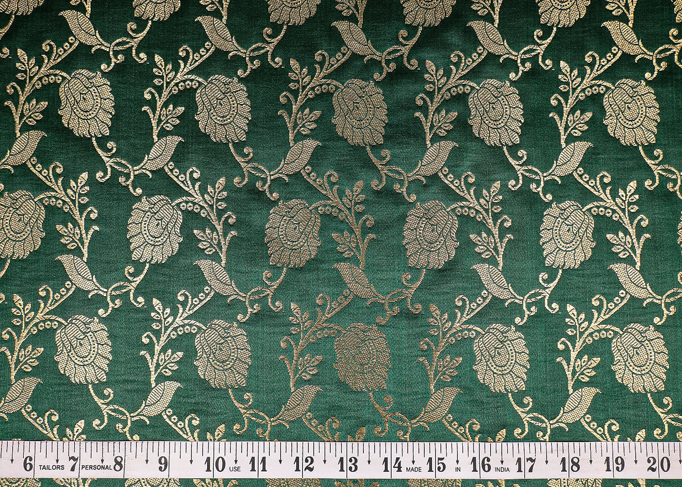 Dark Green Banarasi Brocade Fabric With All Over Golden Zari Handloom 19564