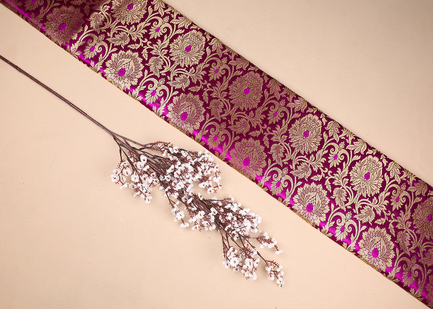 Purple Banarasi Brocade Fabric With All Over Golden Zari Handloom 19568