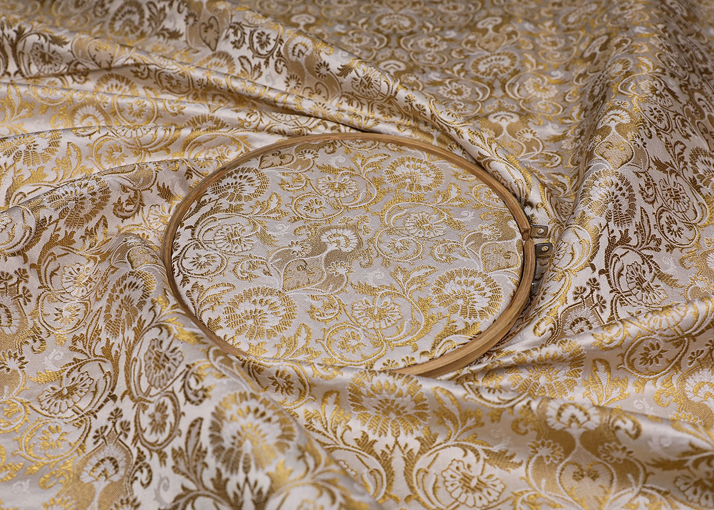 White Banarasi Brocade Fabric With All Over Thread And Golden Zari Handloom 19569