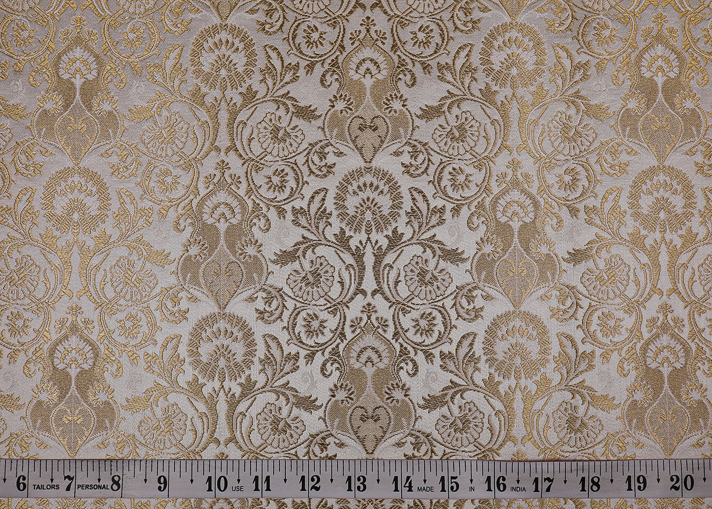 White Banarasi Brocade Fabric With All Over Thread And Golden Zari Handloom 19569