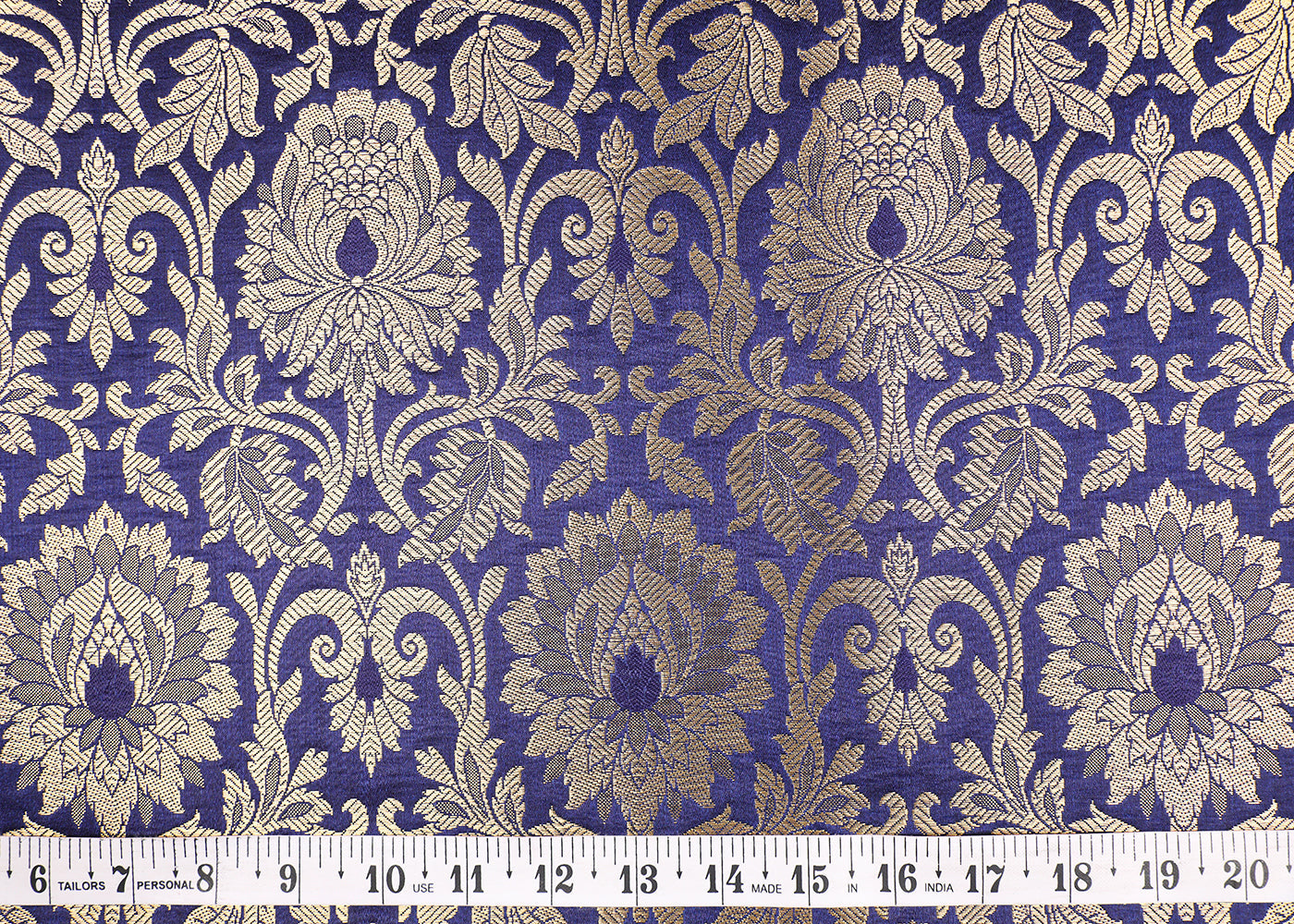 Navy Blue Banarasi Brocade Fabric With All Over Golden Zari Handloom 19570