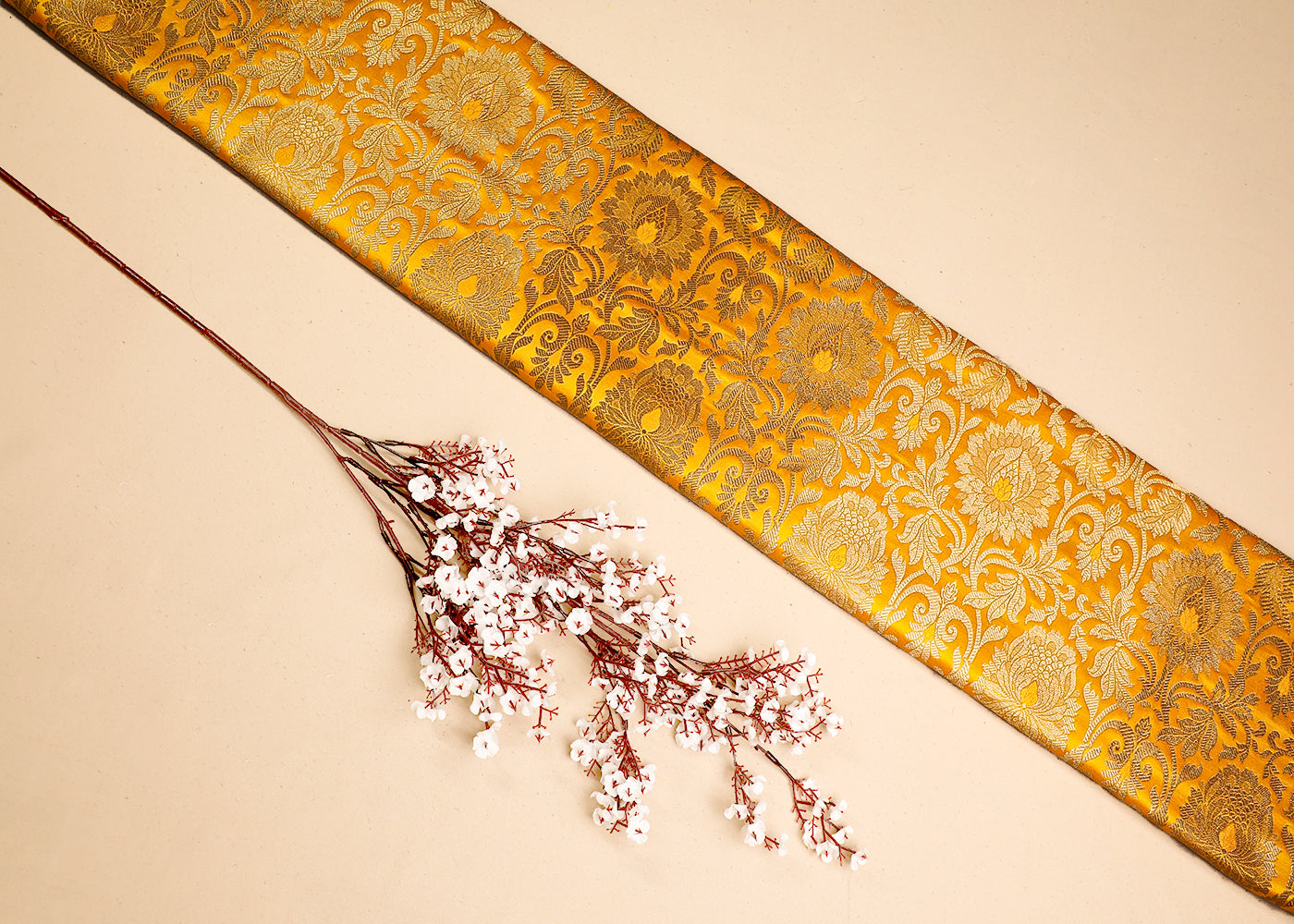 Yellow Banarasi Brocade Fabric With All Over Golden Zari Handloom 19572