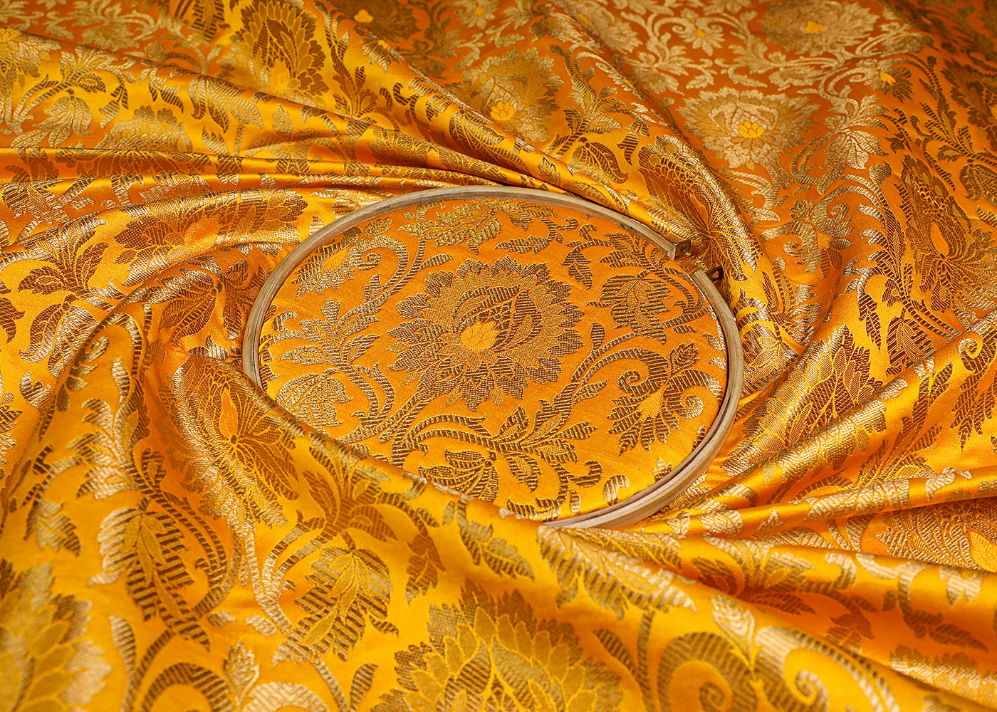 Yellow Banarasi Brocade Fabric With All Over Golden Zari Handloom 19572