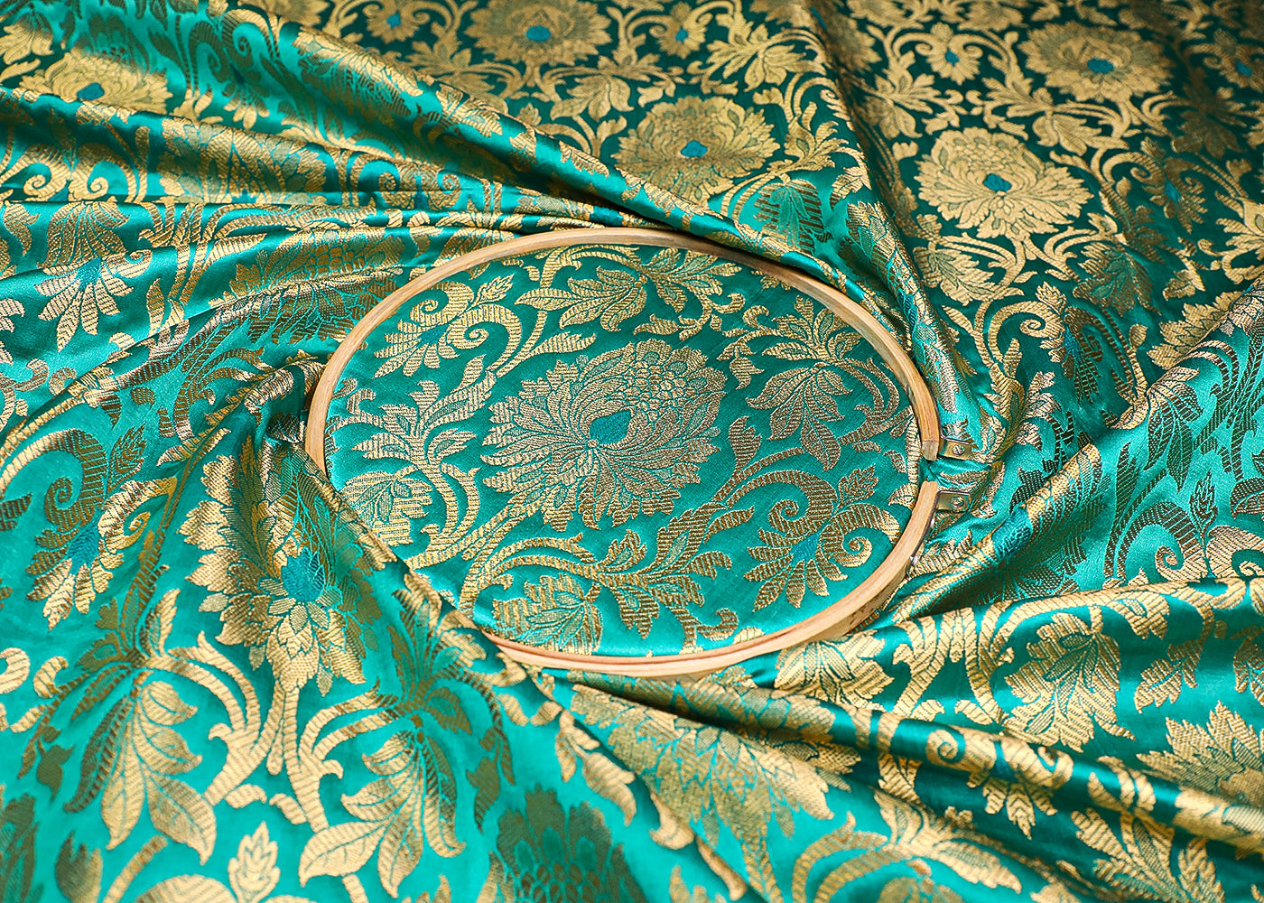 Teal Green Banarasi Brocade Fabric With All Over Golden Zari Handloom 19573