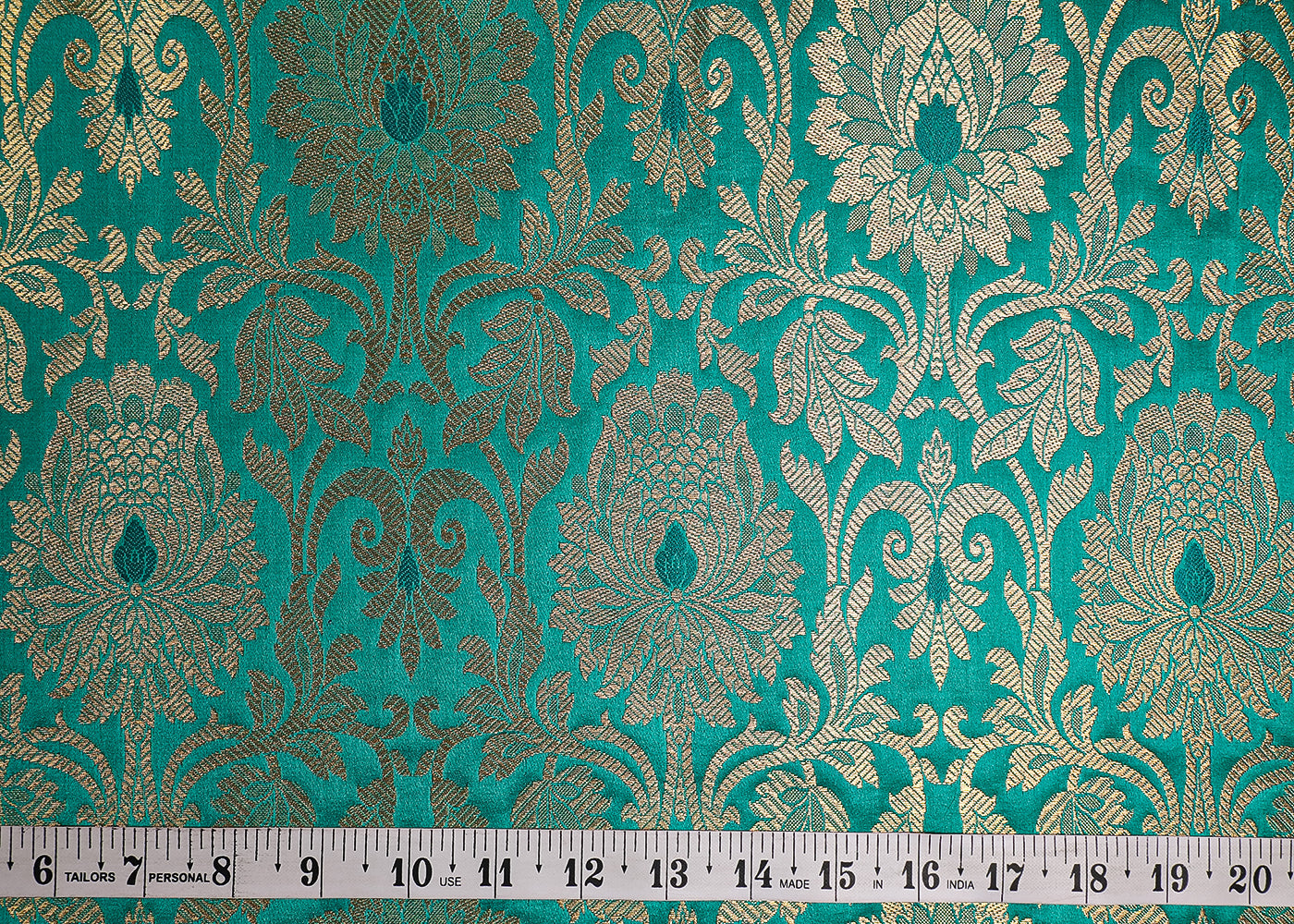 Teal Green Banarasi Brocade Fabric With All Over Golden Zari Handloom 19573