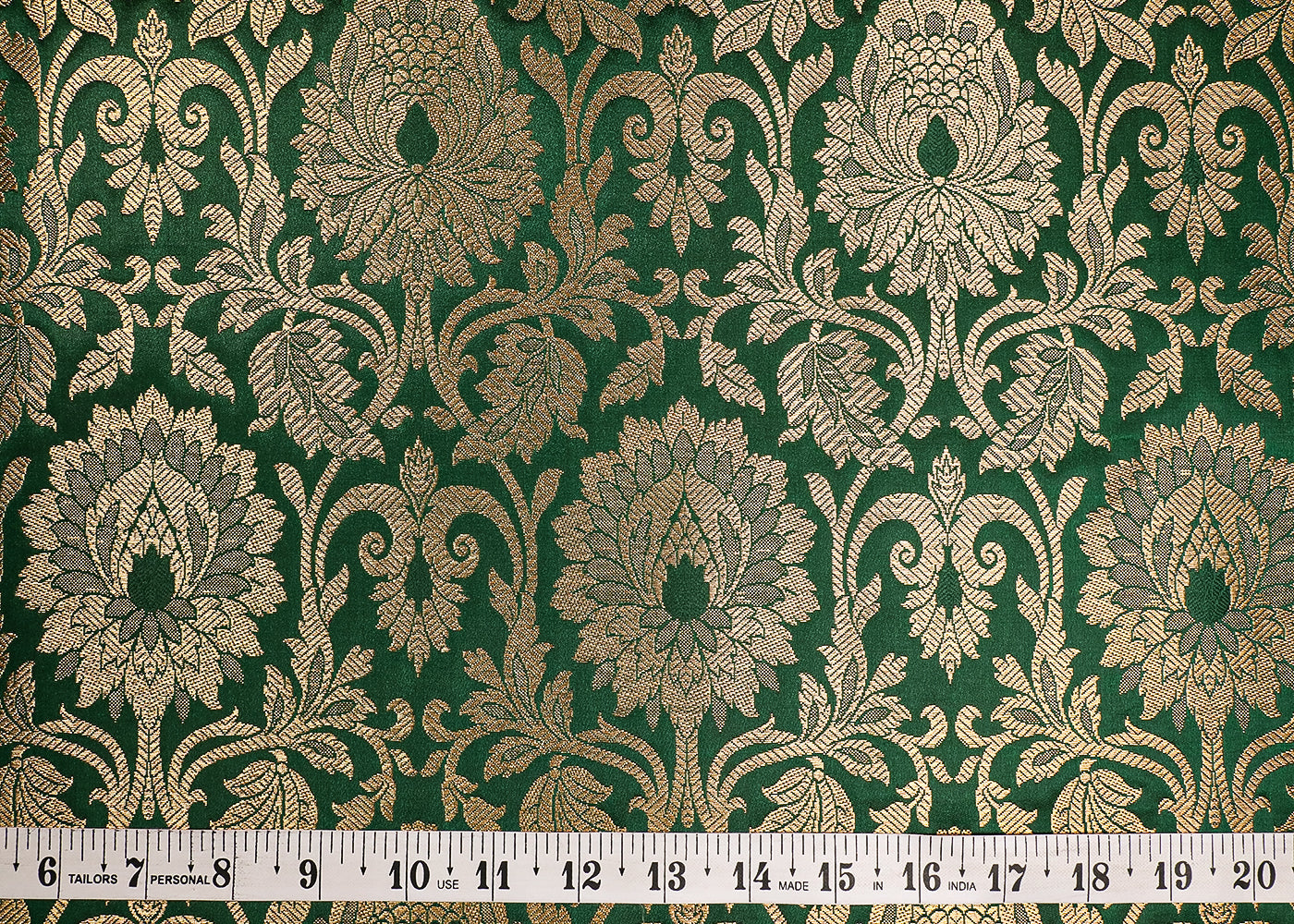 Dark Green Banarasi Brocade Fabric With All Over Golden Zari Handloom 19575