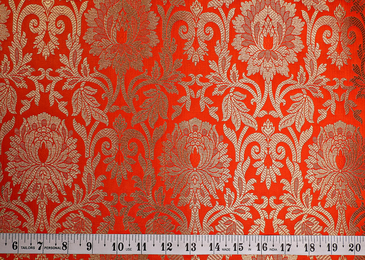 Orange Banarasi Brocade Fabric With All Over Golden Zari Handloom 19577