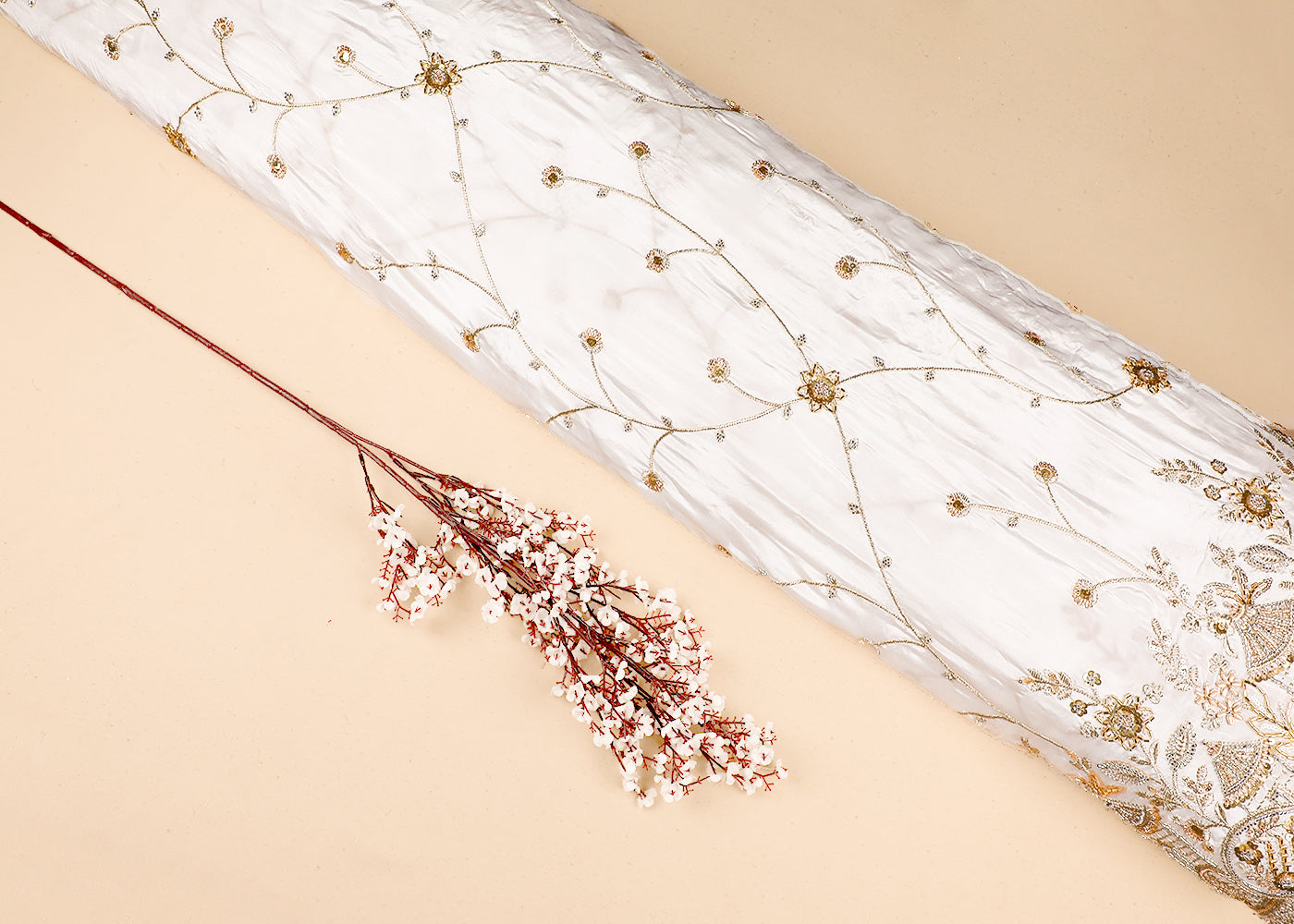 White Crepe Fabric With All Over Bead, Zari, Sequins Work And One Side Heavy Border 19591