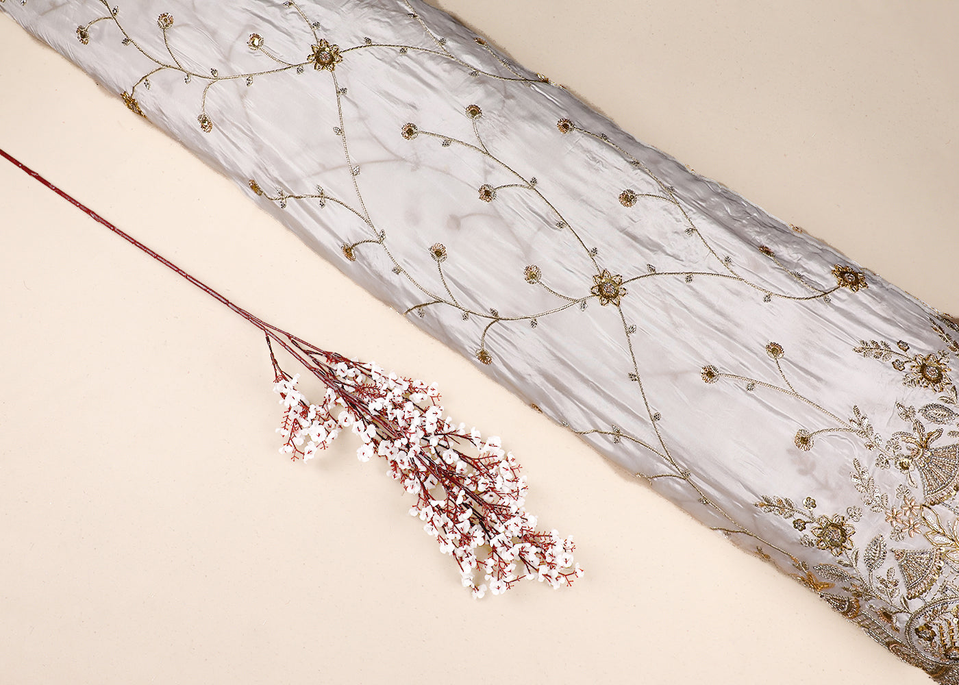 White Crepe Fabric With All Over Bead, Zari, Sequins Work And One Side Heavy Border 19591