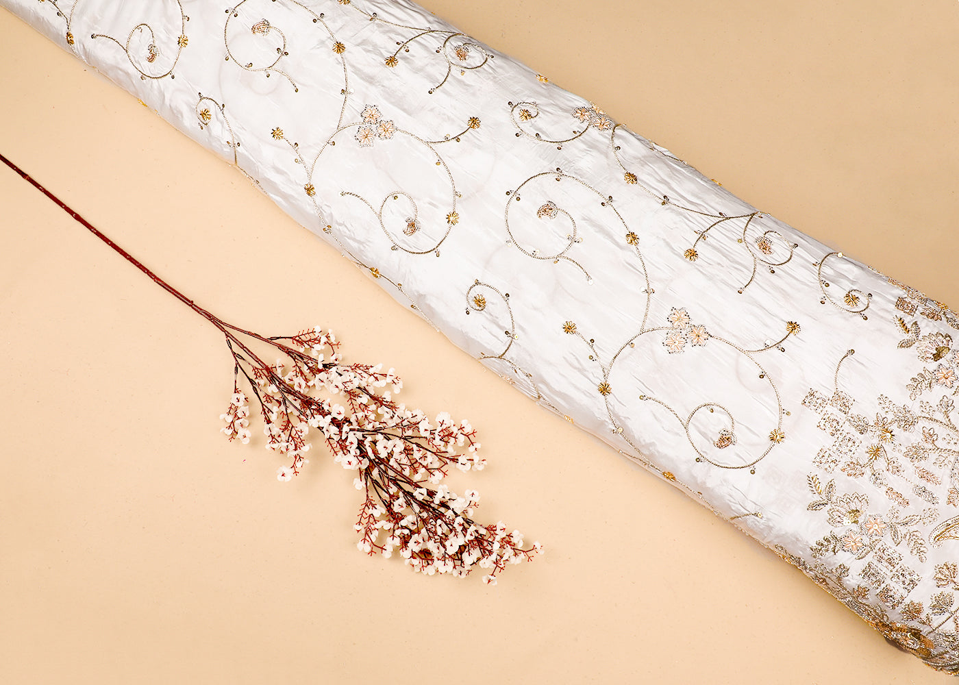 White Crepe Fabric With All Over Bead, Zari, Sequins Work And One Side Heavy Border 19592