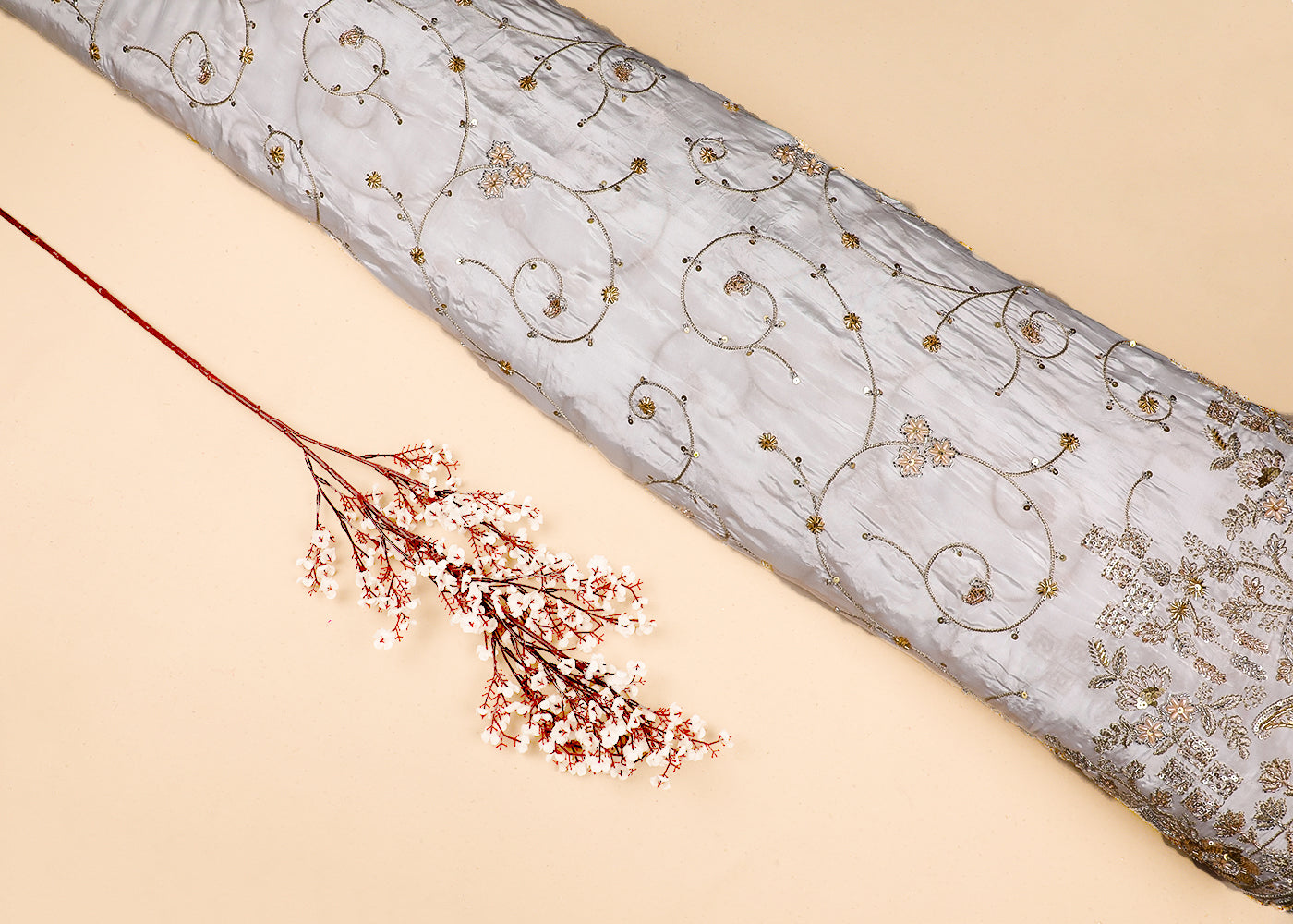 White Crepe Fabric With All Over Bead, Zari, Sequins Work And One Side Heavy Border 19592