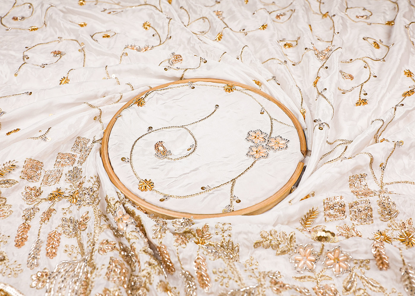 White Crepe Fabric With All Over Bead, Zari, Sequins Work And One Side Heavy Border 19592