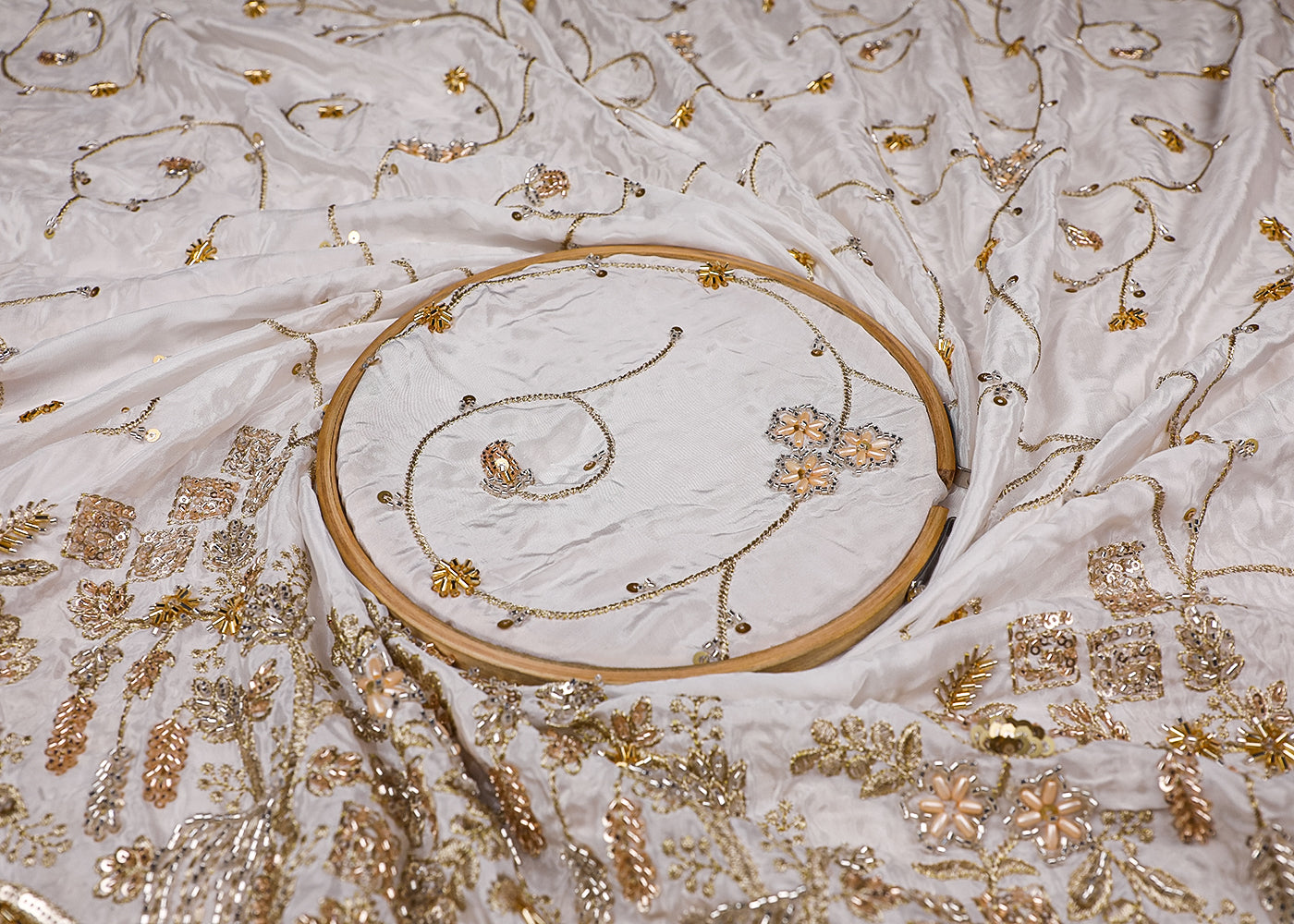 White Crepe Fabric With All Over Bead, Zari, Sequins Work And One Side Heavy Border 19592