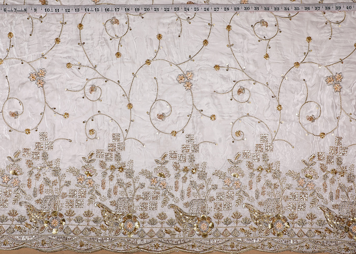 White Crepe Fabric With All Over Bead, Zari, Sequins Work And One Side Heavy Border 19592