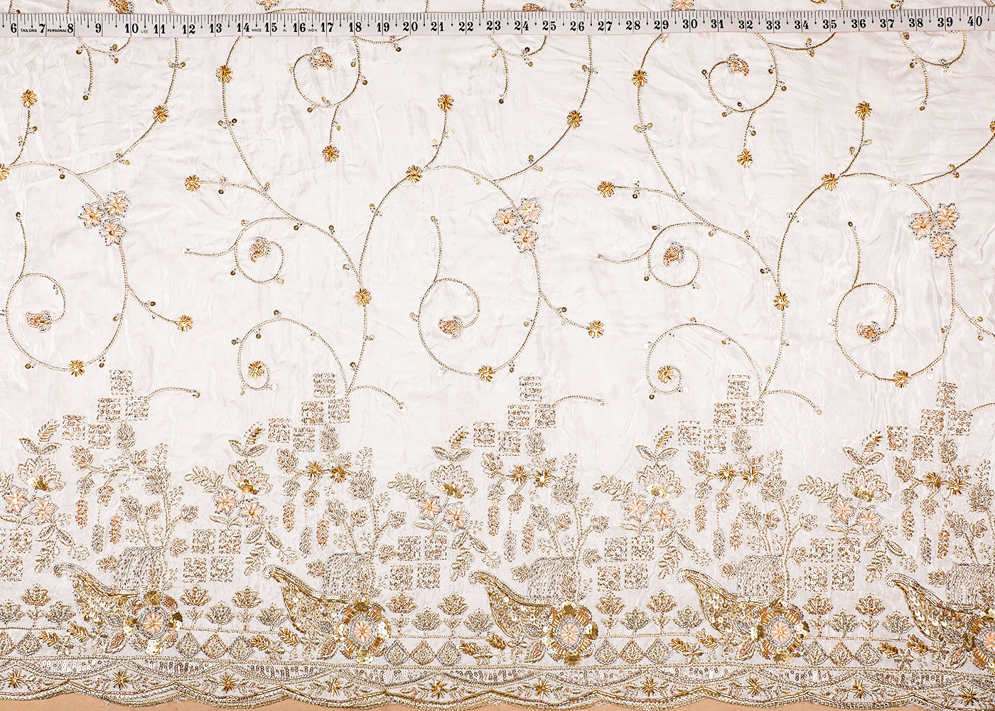White Crepe Fabric With All Over Bead, Zari, Sequins Work And One Side Heavy Border 19592
