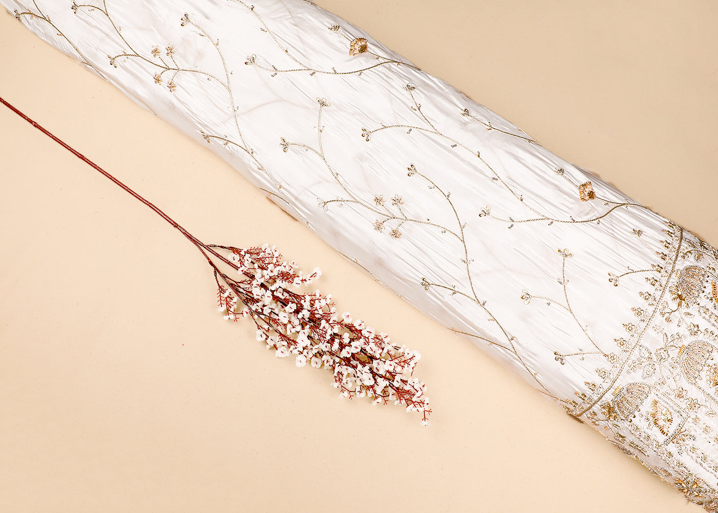 White Crepe Fabric With All Over Bead, Zari, Sequins Work And One Side Heavy Border 19593