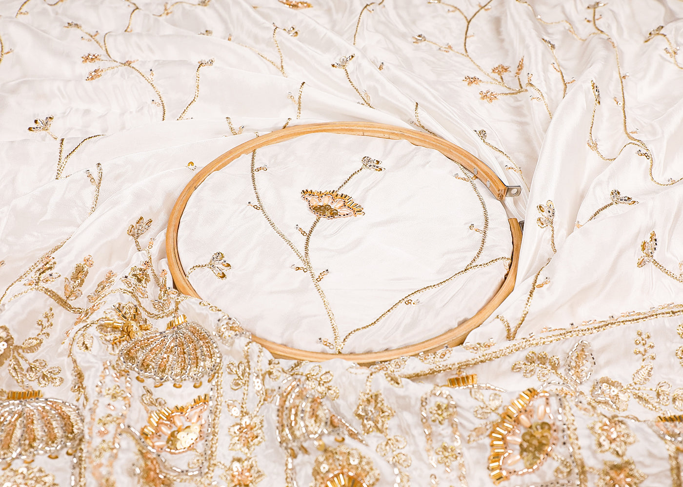 White Crepe Fabric With All Over Bead, Zari, Sequins Work And One Side Heavy Border 19593