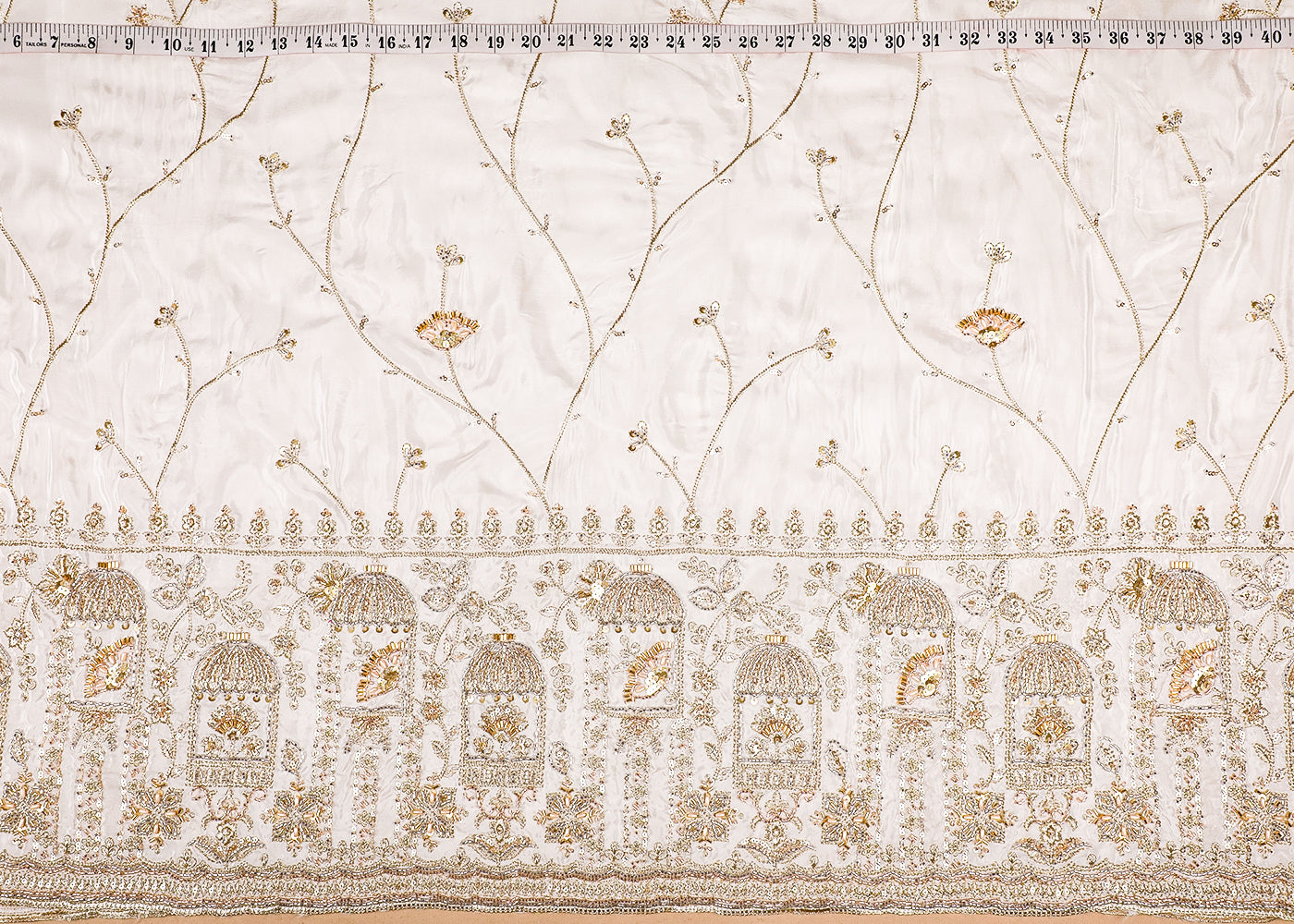 White Crepe Fabric With All Over Bead, Zari, Sequins Work And One Side Heavy Border 19593