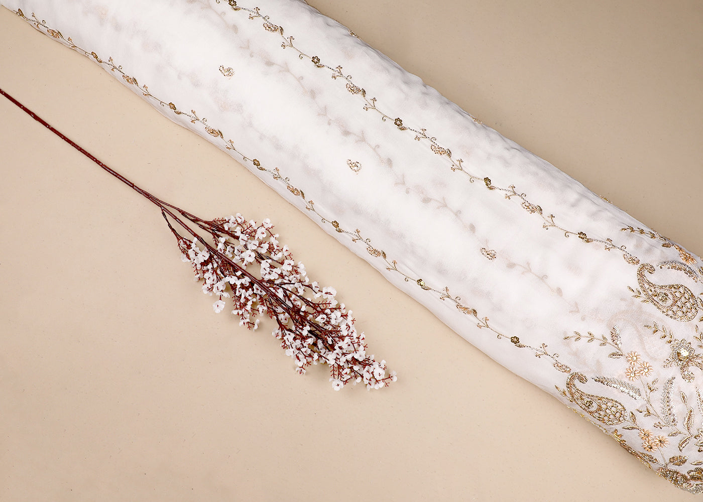 White Georgette Fabric With All Over Bead, Zari, Sequins Work And One Side Heavy Border 19594