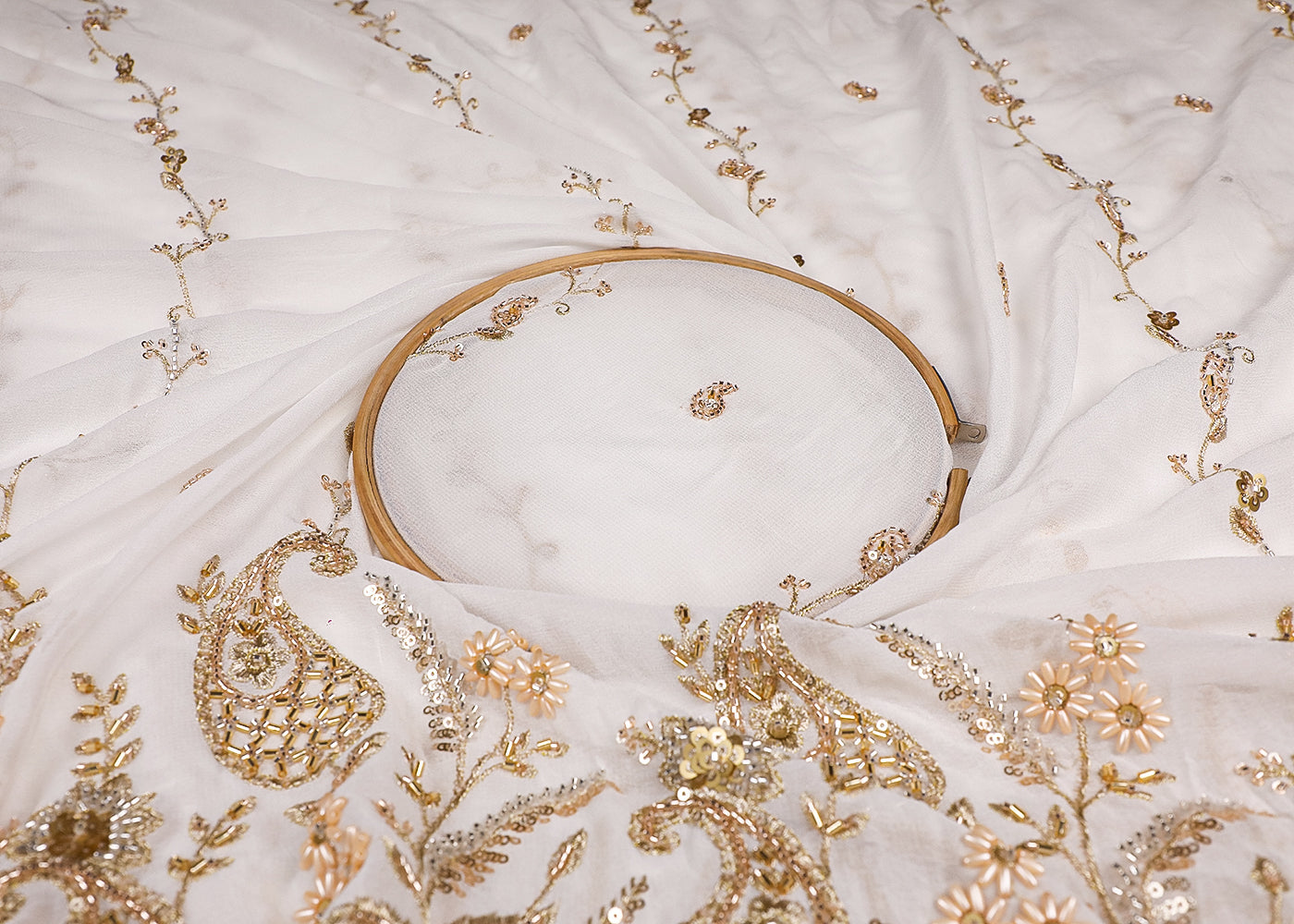 White Georgette Fabric With All Over Bead, Zari, Sequins Work And One Side Heavy Border 19594