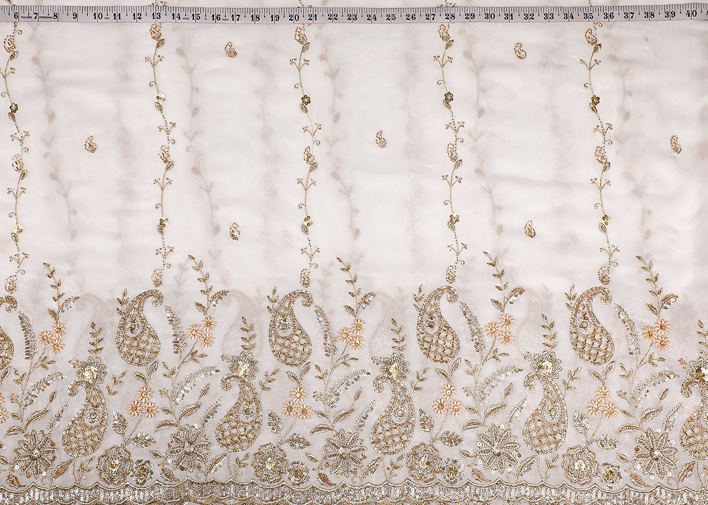 White Georgette Fabric With All Over Bead, Zari, Sequins Work And One Side Heavy Border 19594