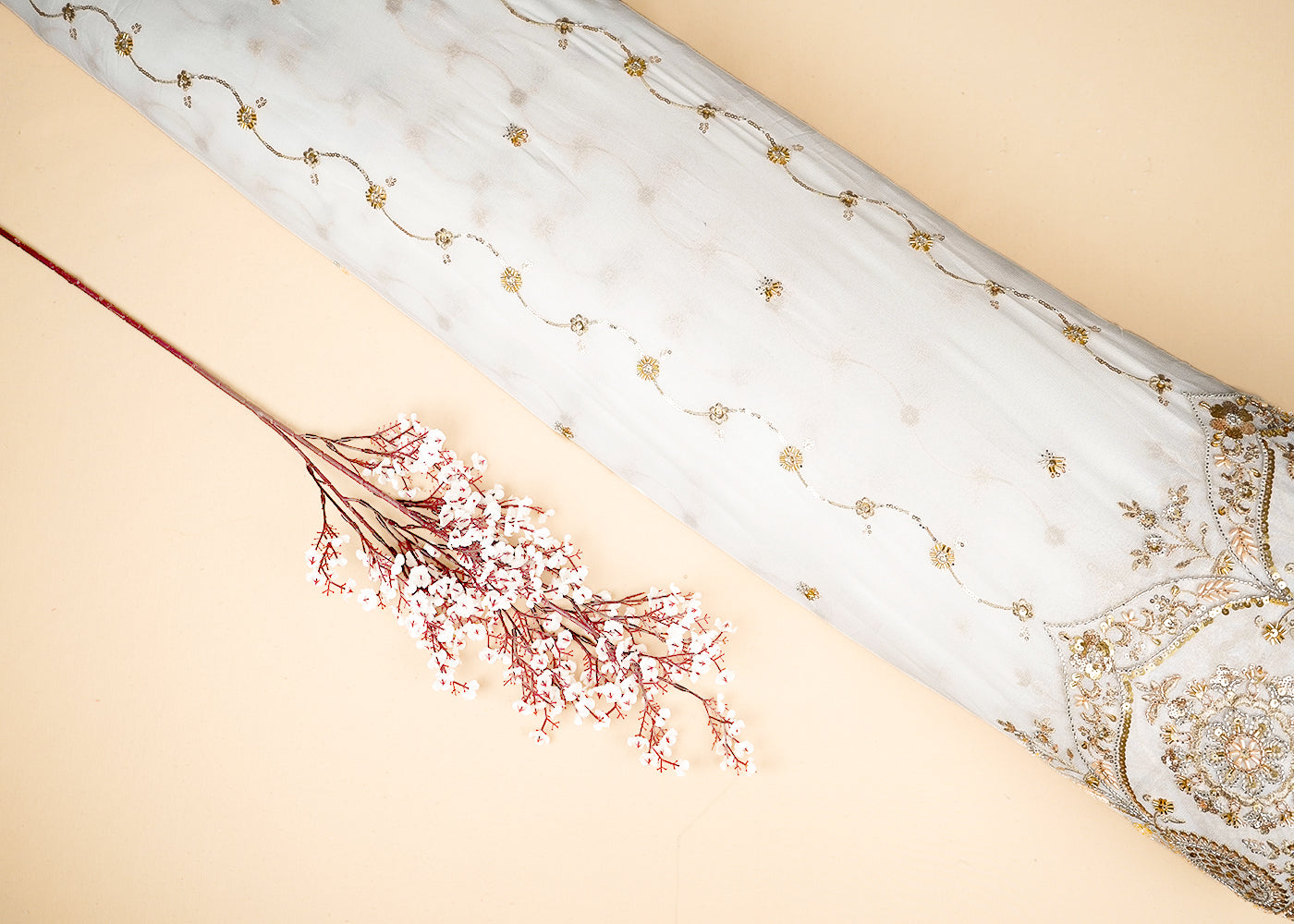 White Georgette Fabric With All Over Katdana, Bead, Zari And Sequins Work With One Side Border 19595