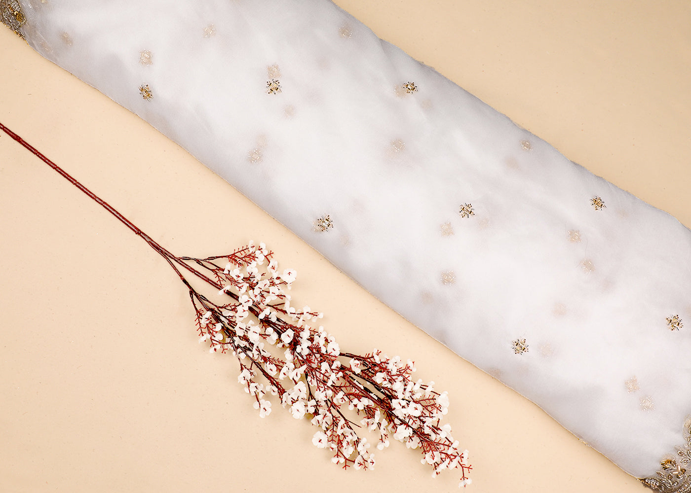 White Organza Dupatta Fabric With All Over Bead, Zari, Katdana, Sequins Work And Two Side Scalloped Border 19596