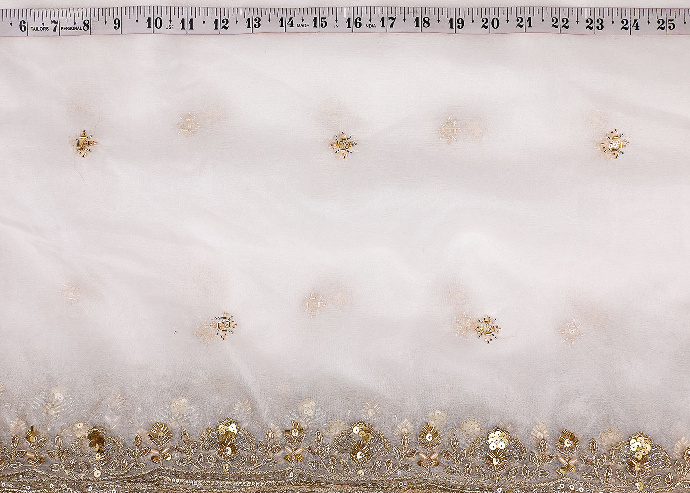 White Organza Fabric With All Over Bead, Zari, Katdana, Sequins Work And Two Side Scalloped Border 19596