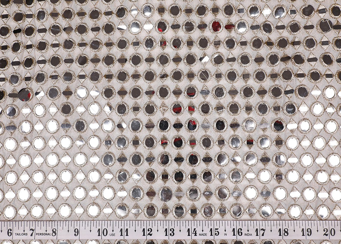 White Georgette Fabric With All Over Zari And Faux Mirror Work 19599