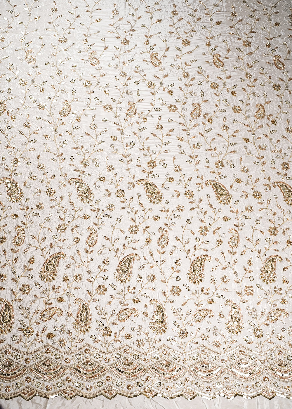 White Crepe Fabric With All Over Katdana, Bead, Zari And Sequins Work With One Side Scalloped Border 19600