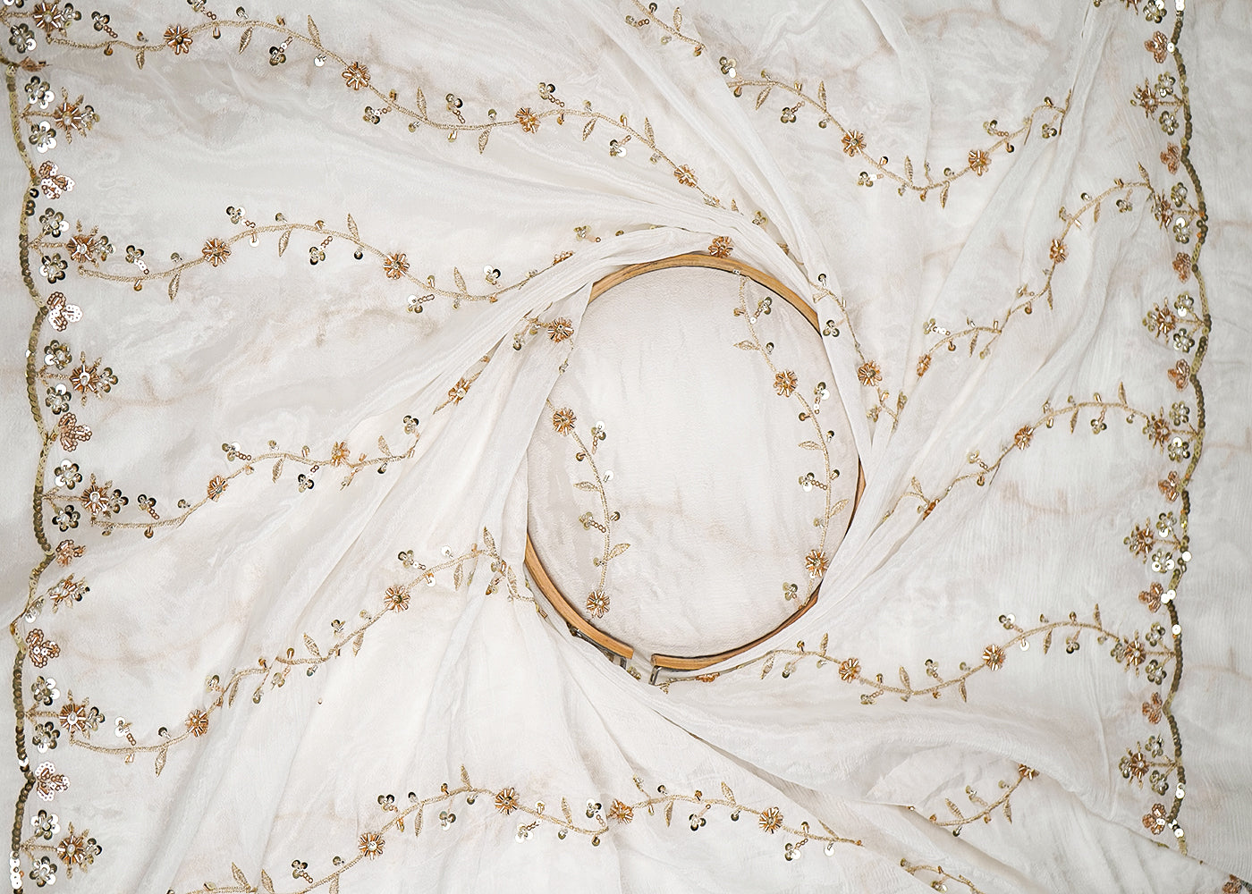 White Chinon Chiffon Fabric With All Over Katdana, Bead, Zari And Sequins Work With Two Side Scalloped Border 19601