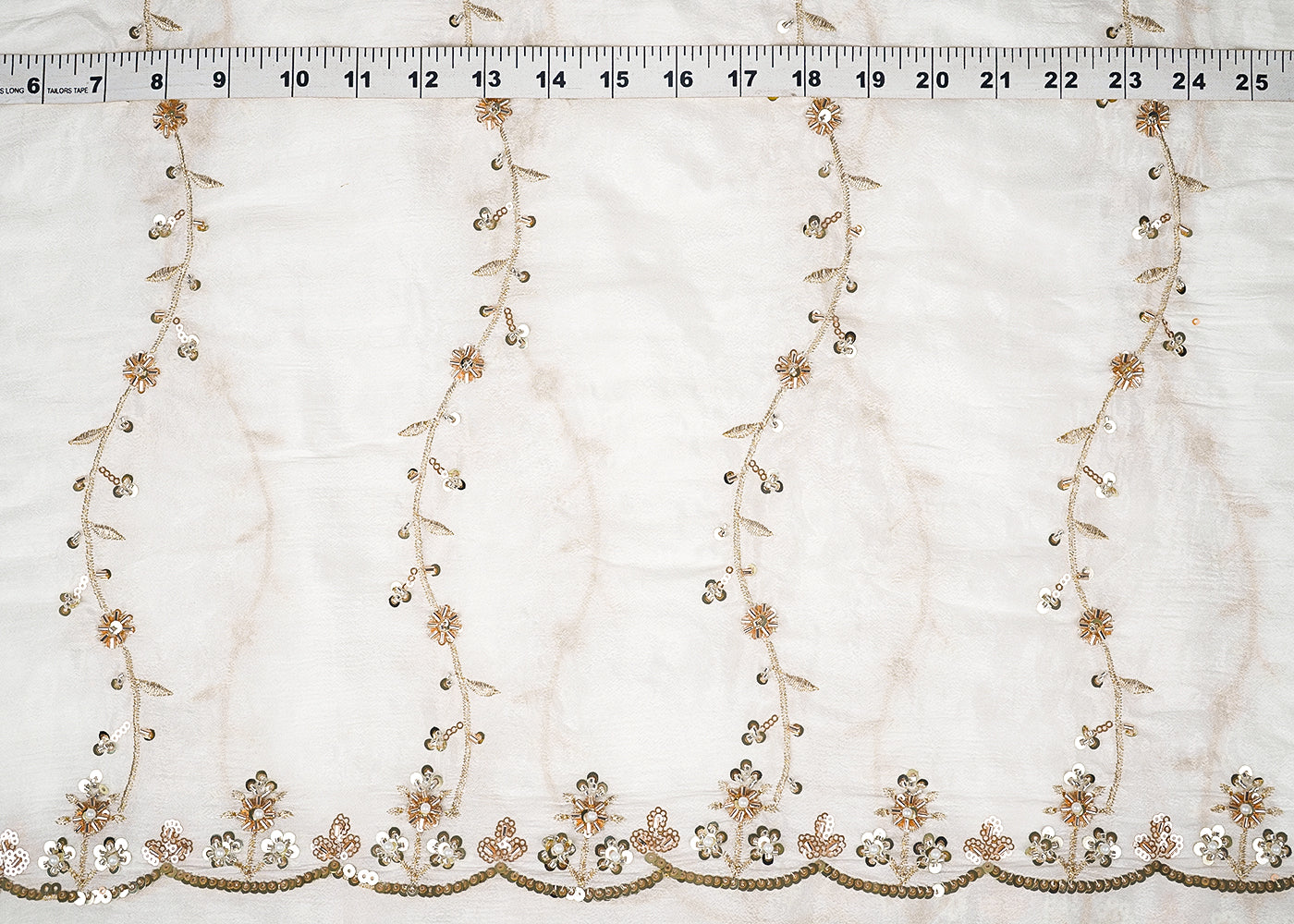 White Chinon Chiffon Dupatta Fabric With All Over Katdana, Bead, Zari And Sequins Work With Two Side Scalloped Border 19601