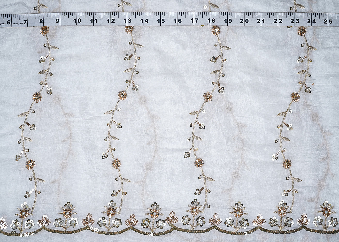 White Chinon Chiffon Fabric With All Over Katdana, Bead, Zari And Sequins Work With Two Side Scalloped Border 19601