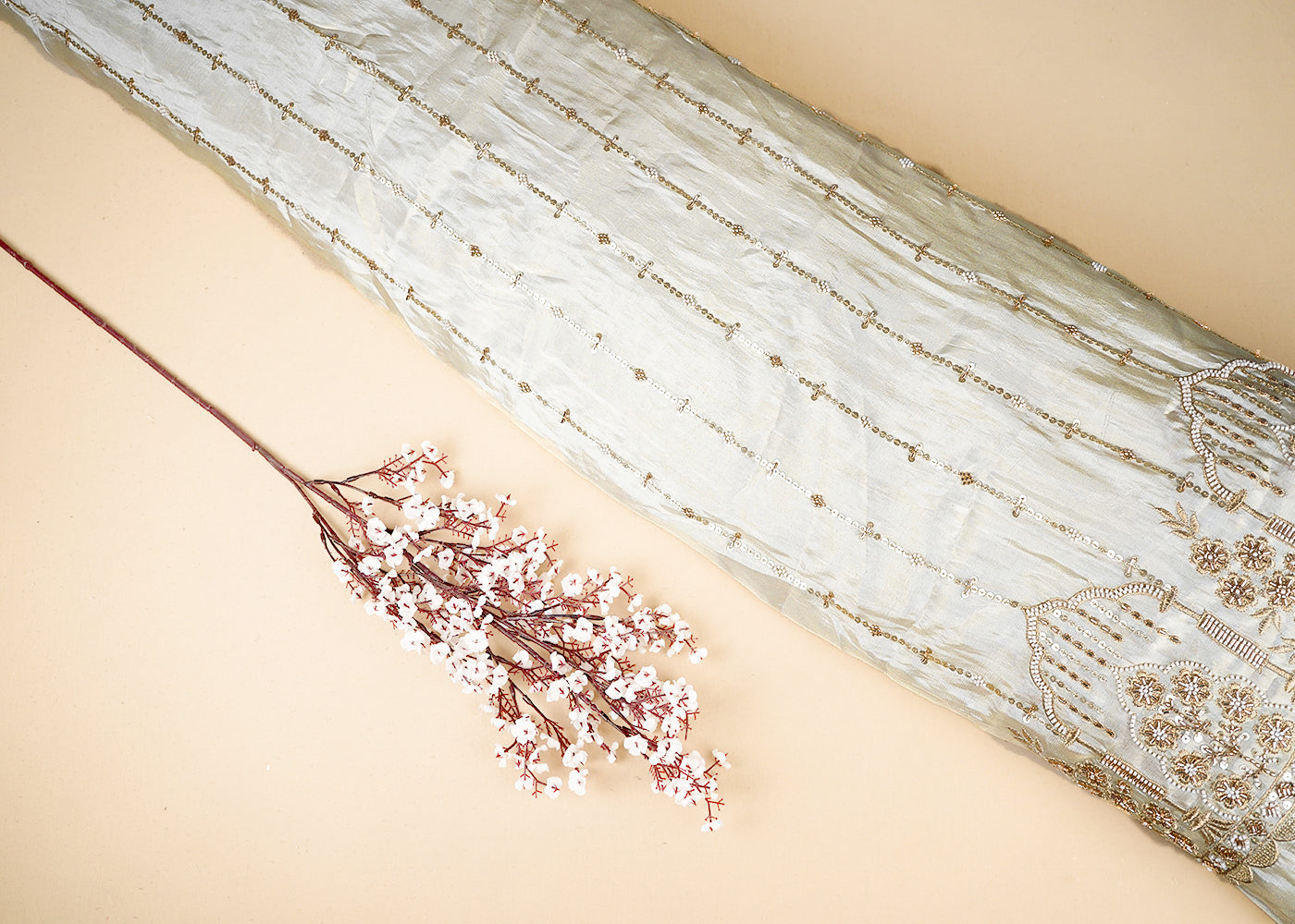 Gold Tissue Fabric With All Over Katdana, Bead, Zari And Sequins Work With One Side Border 19602