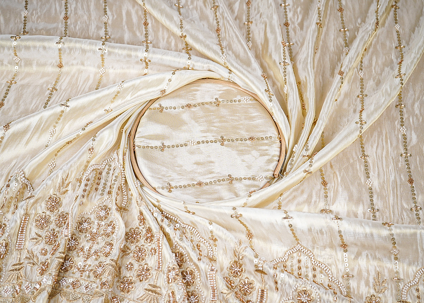 Gold Tissue Fabric With All Over Katdana, Bead, Zari And Sequins Work With One Side Border 19602